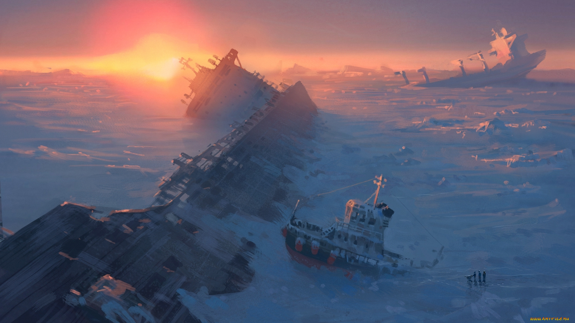 фэнтези, романтика, апокалипсиса, океан, фантастика, apocalypse, alexiuss, art, frozen, корабль, лед, снег, море