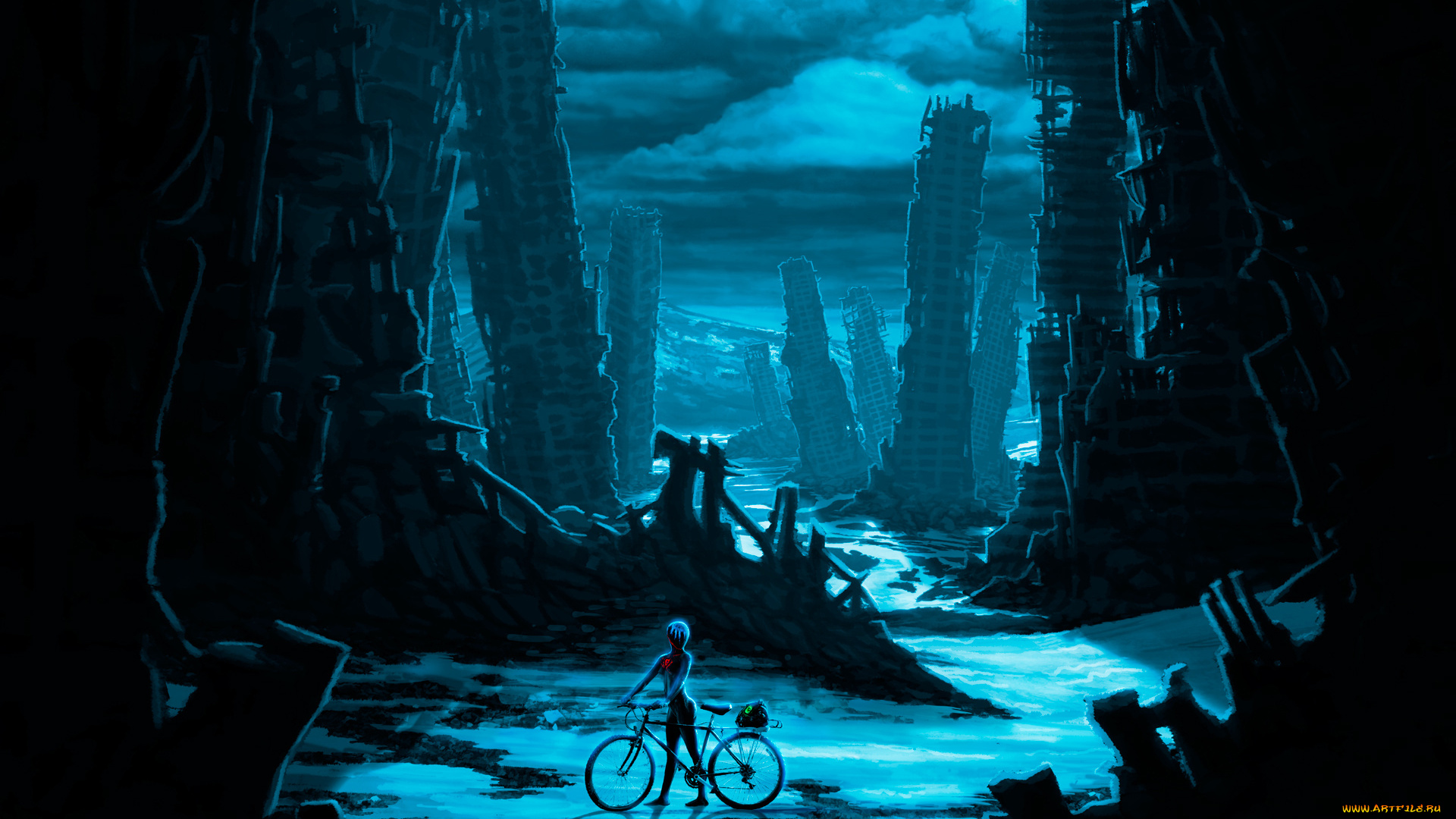 фэнтези, романтика, апокалипсиса, руины, город, велосипед, ночь, zee, captain, romantically, apocalyptic, apocalypse
