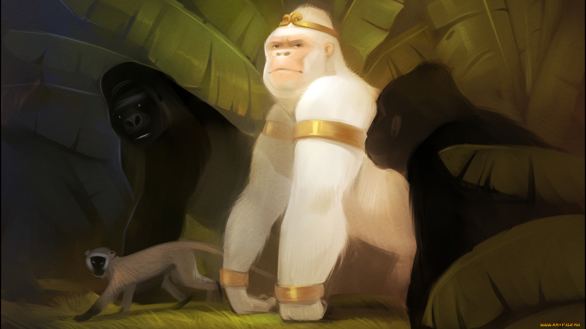 gaudibuendia, рисованное, животные, , обезьяны, art, лес, джунгли, гориллы, альбинос, white, king