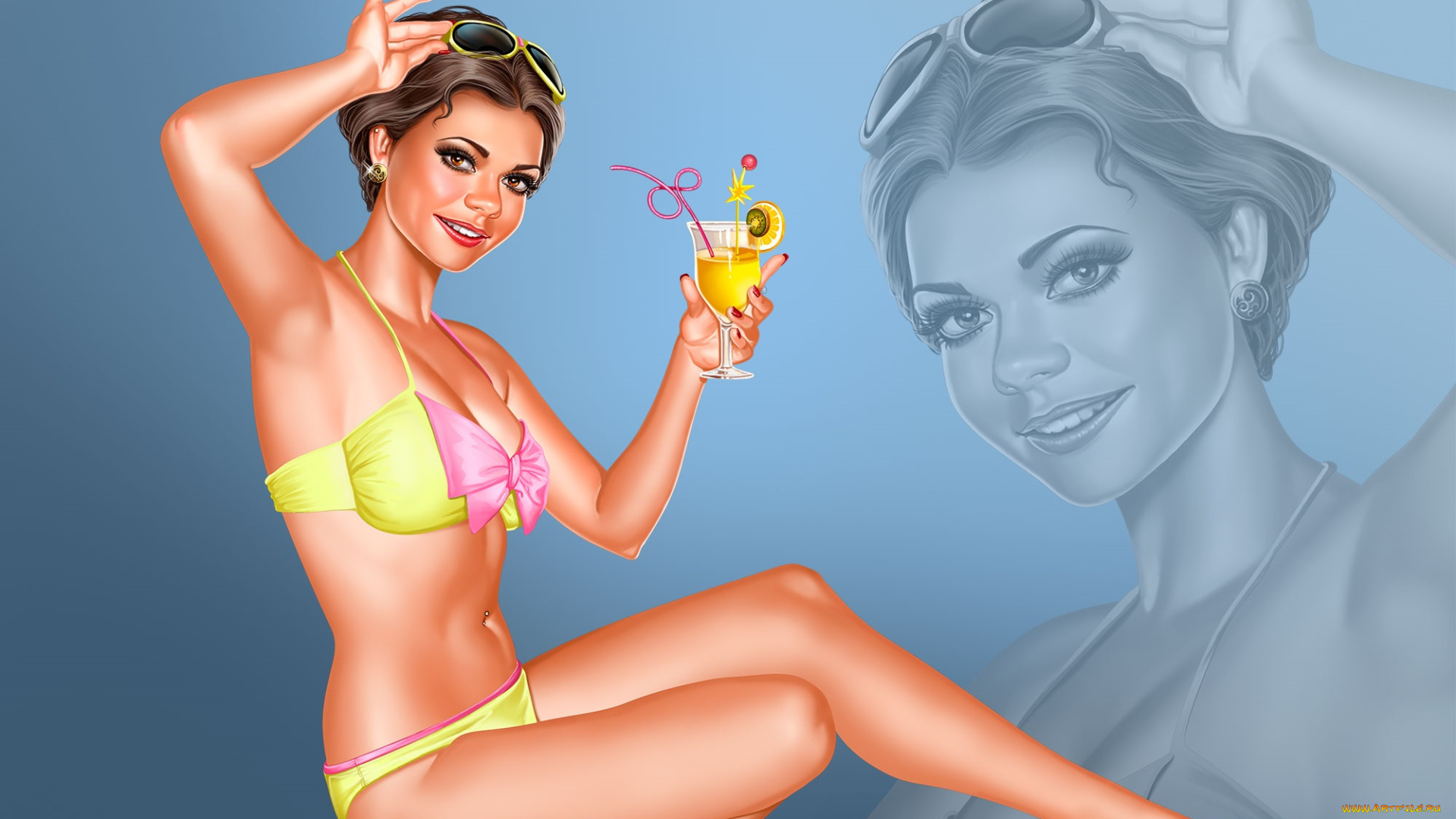рисованное, люди, фон, взгляд, девушка, коктейль, улыбка