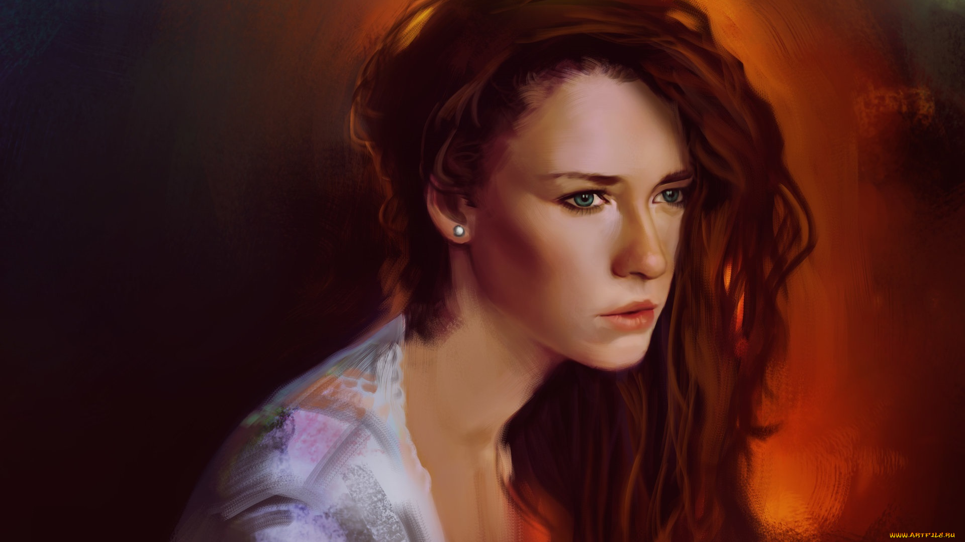 рисованное, люди, фон, зеленые, глаза, взгляд, рыжая, арт, девушка