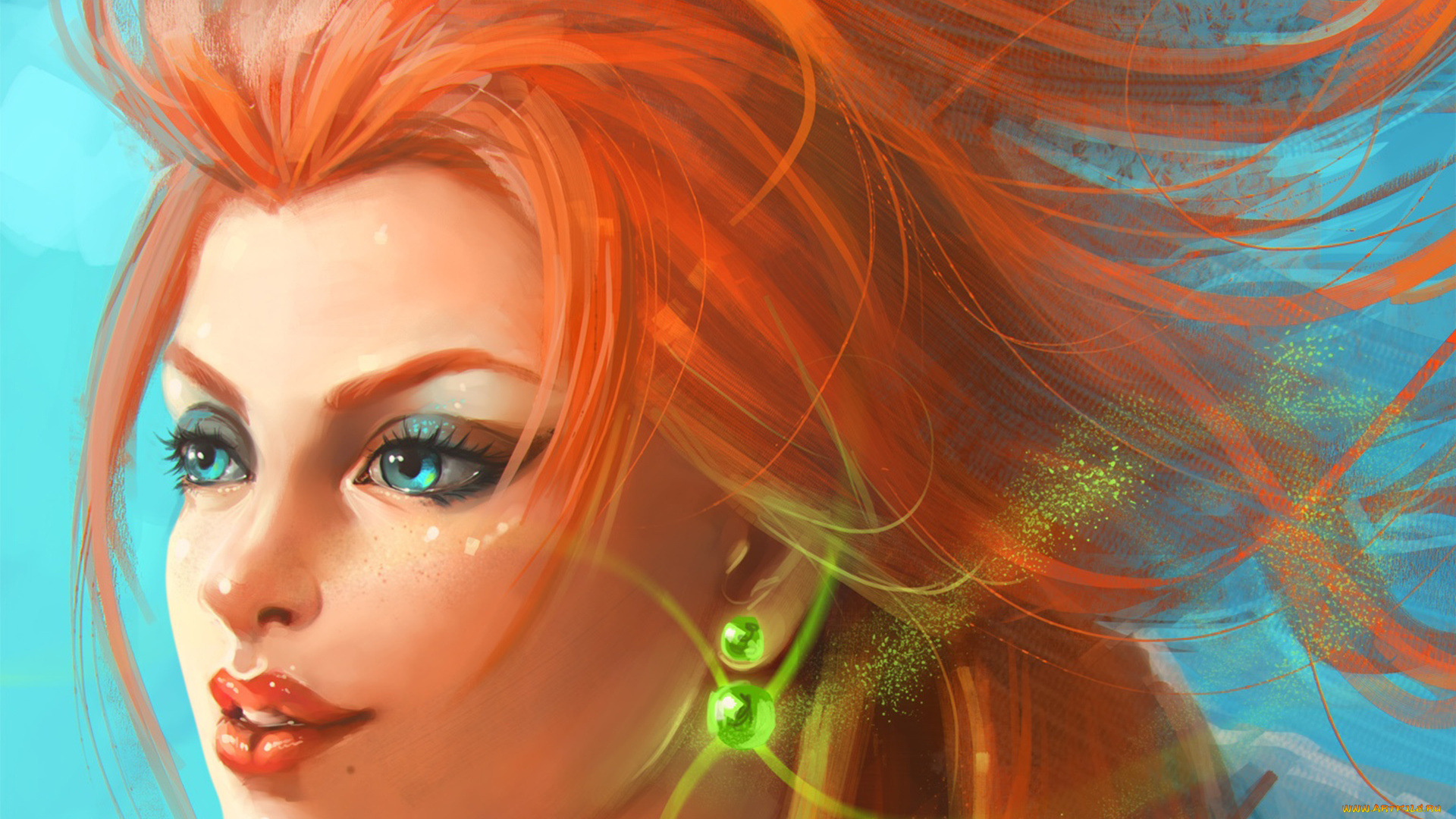 рисованное, люди, лицо, рыжая, девушка, blue, eyes