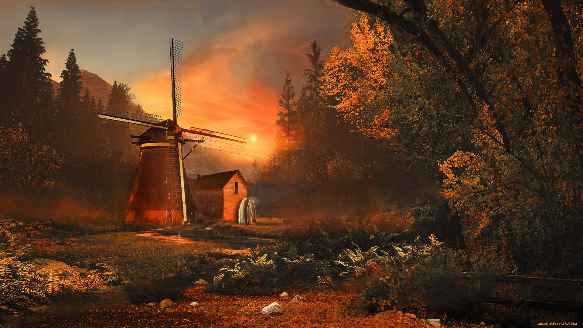 рисованное, живопись, мельница, дом, лес, восход, утро, деревья, настроение