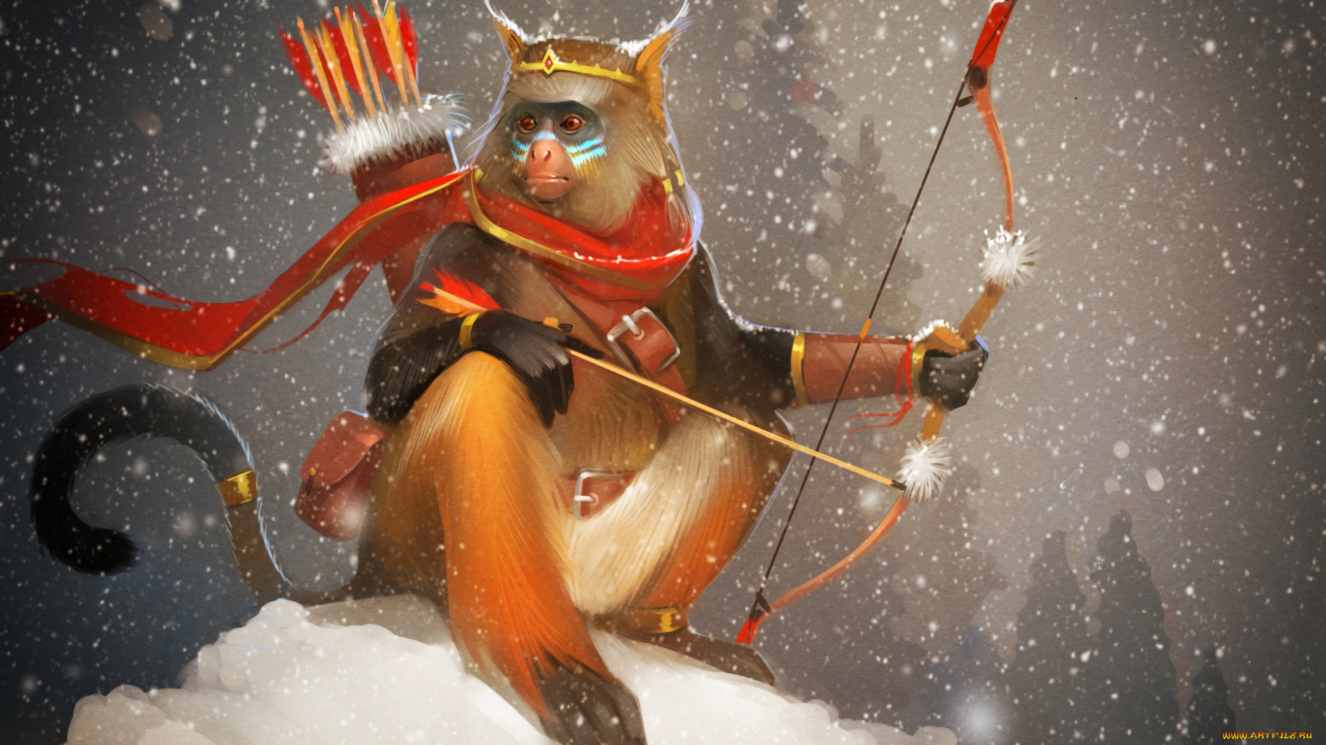 рисованное, животные, , обезьяны, снег, зима, стрелы, лук, обезьяна, арт