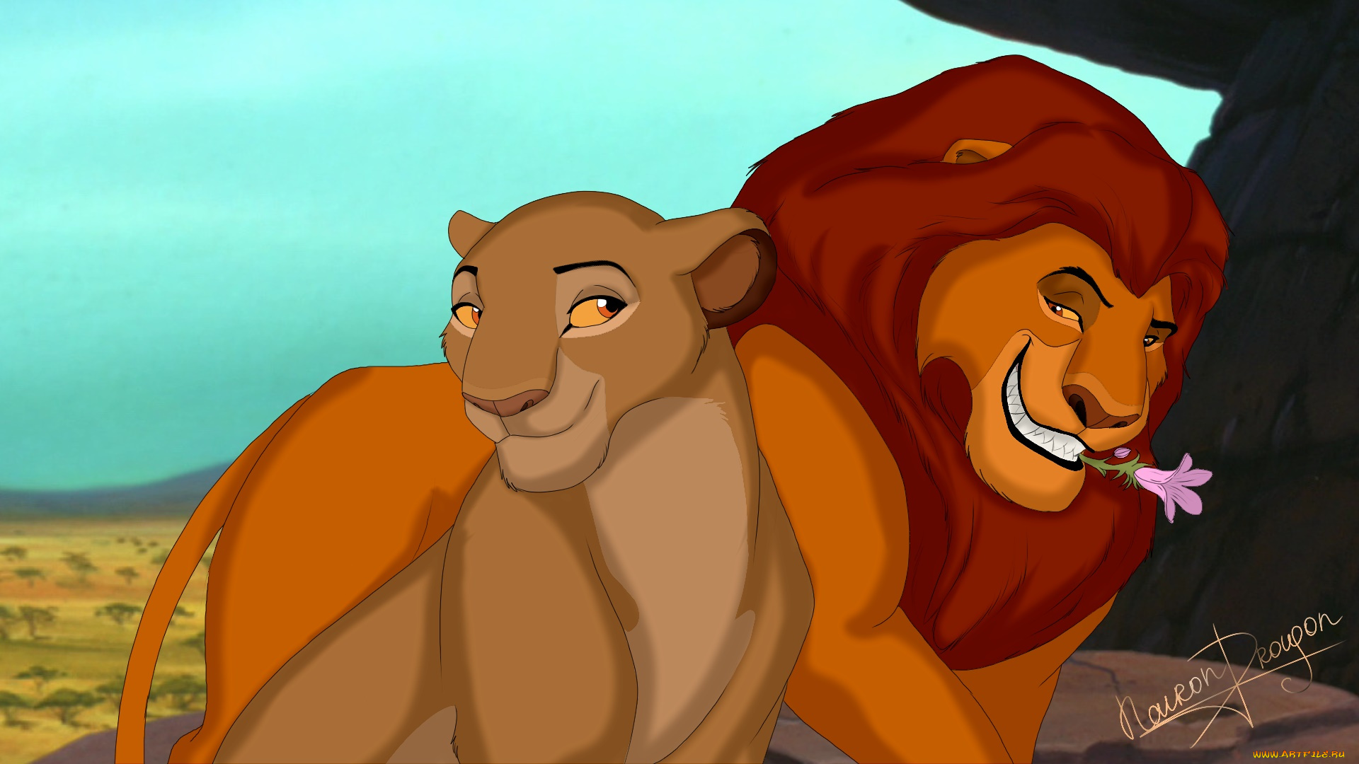векторная, графика, мультфильмы, , cartoons, лев, львица, цветок