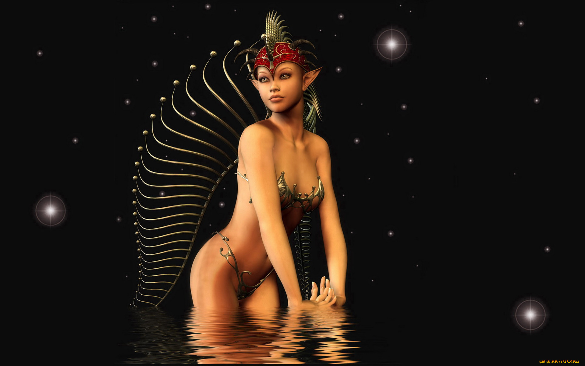 3д, графика, эльфы, , elves, звезды, эльф, фон, девушка, взгляд