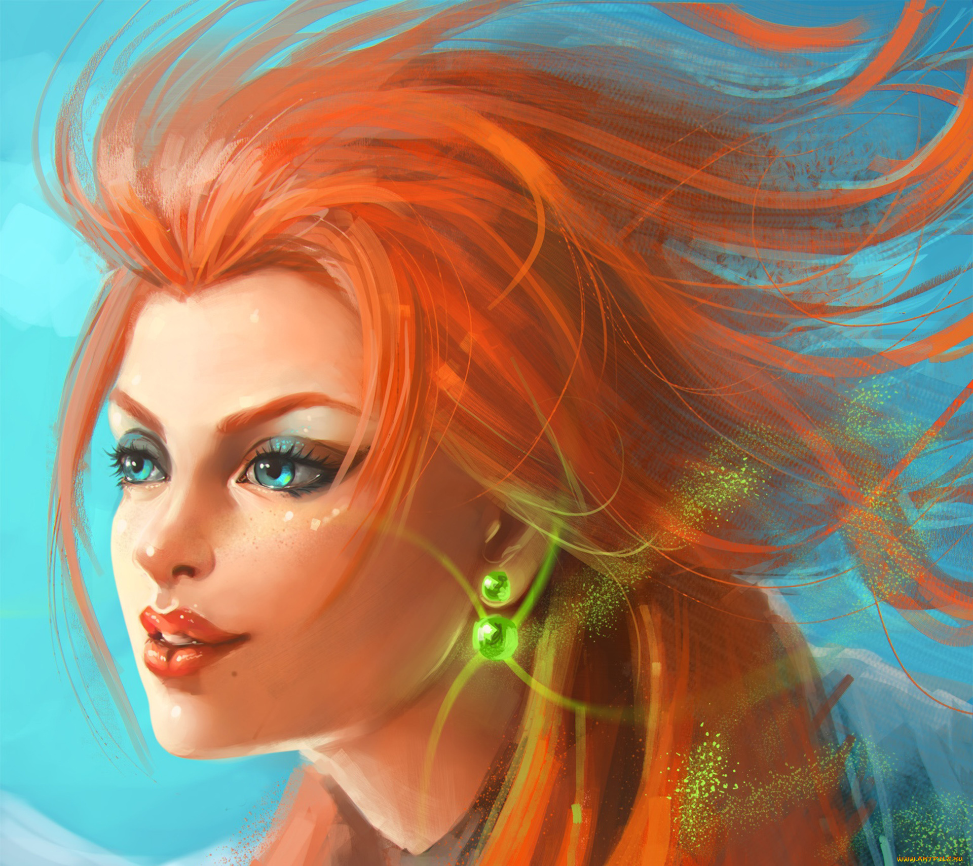 рисованное, люди, лицо, рыжая, девушка, blue, eyes