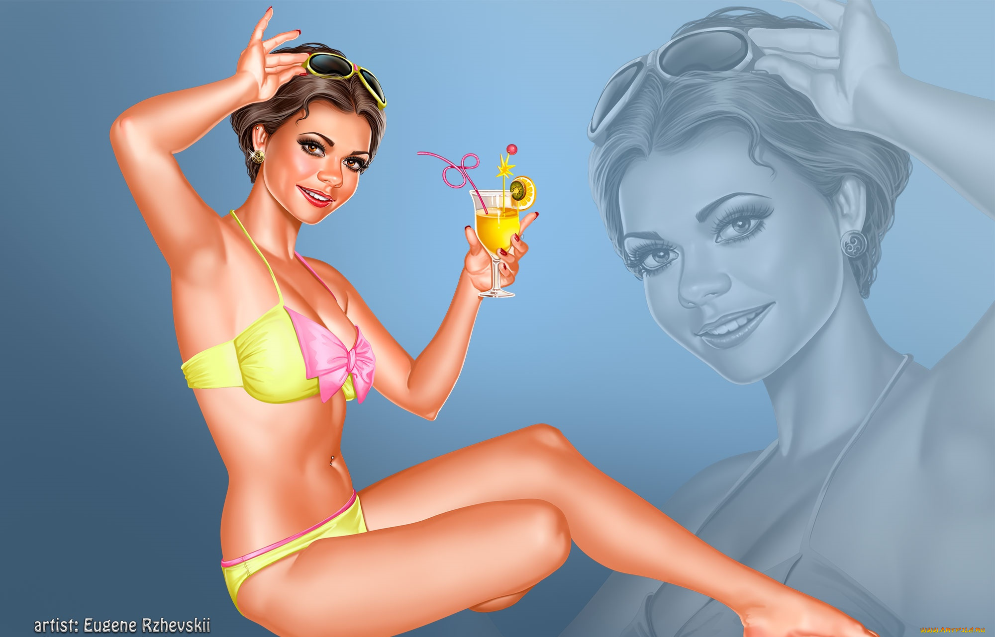 рисованное, люди, фон, взгляд, девушка, коктейль, улыбка
