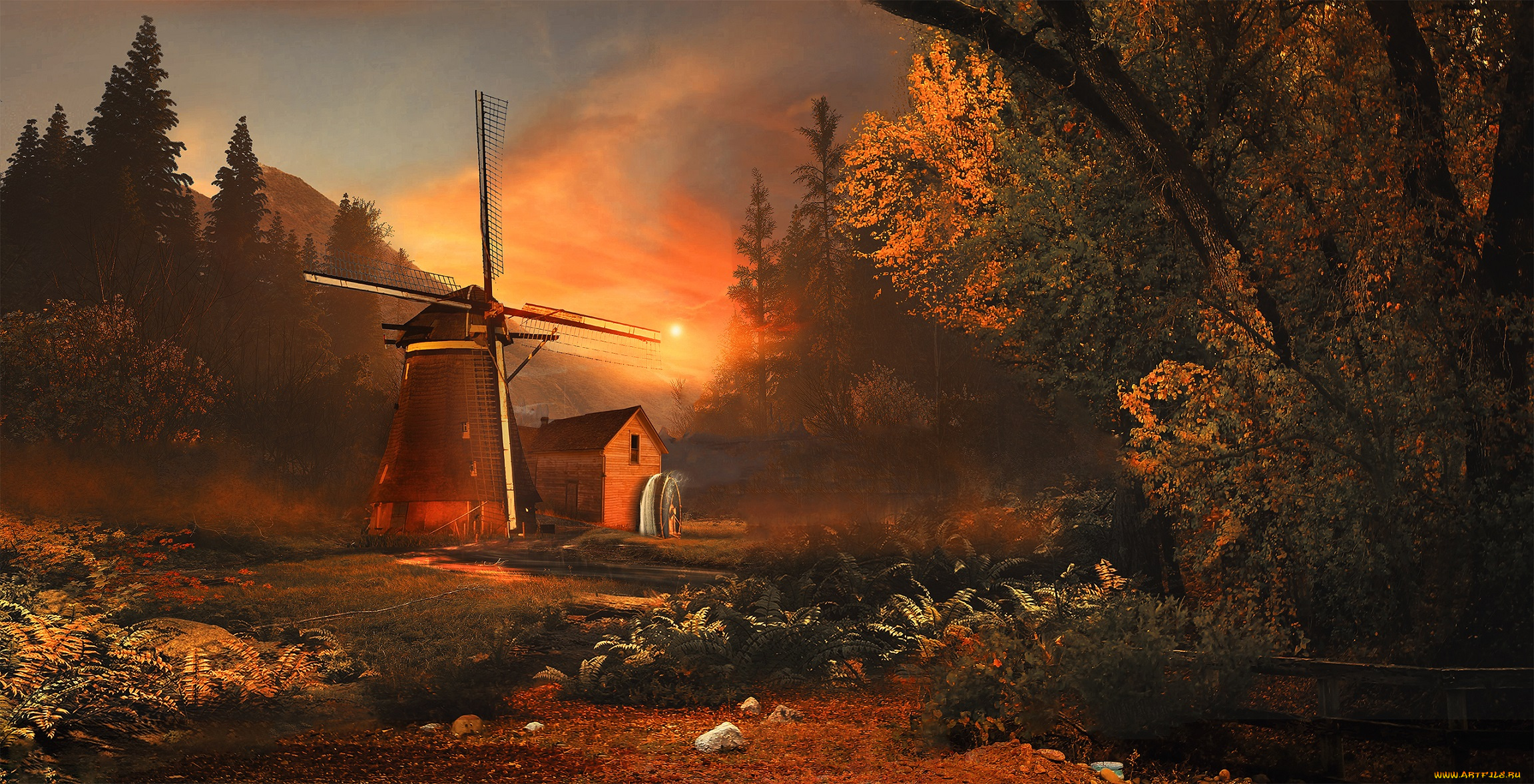 рисованное, живопись, мельница, дом, лес, восход, утро, деревья, настроение