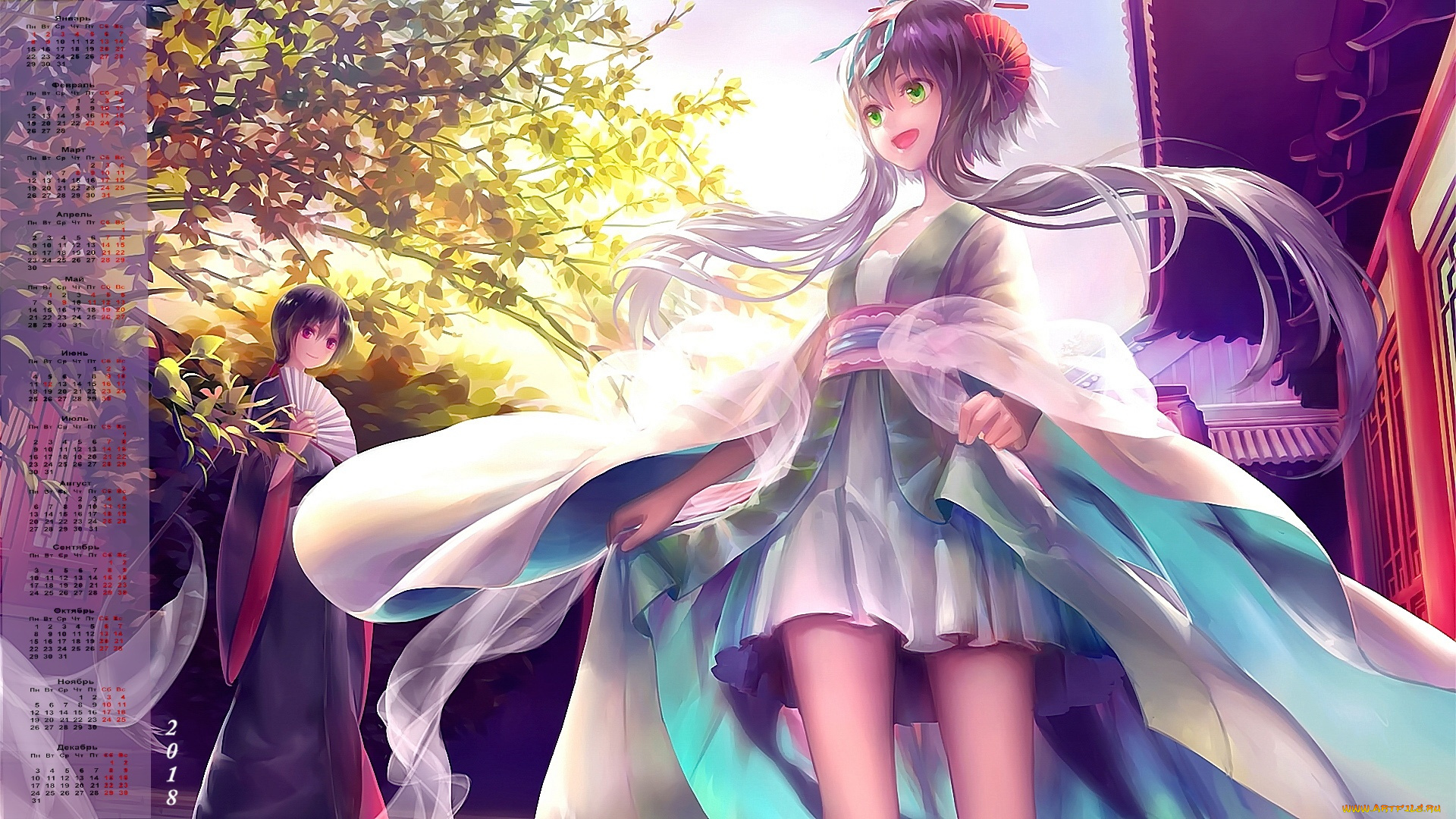 календари, аниме, 2018, девушка, дерево, эмоции, взгляд
