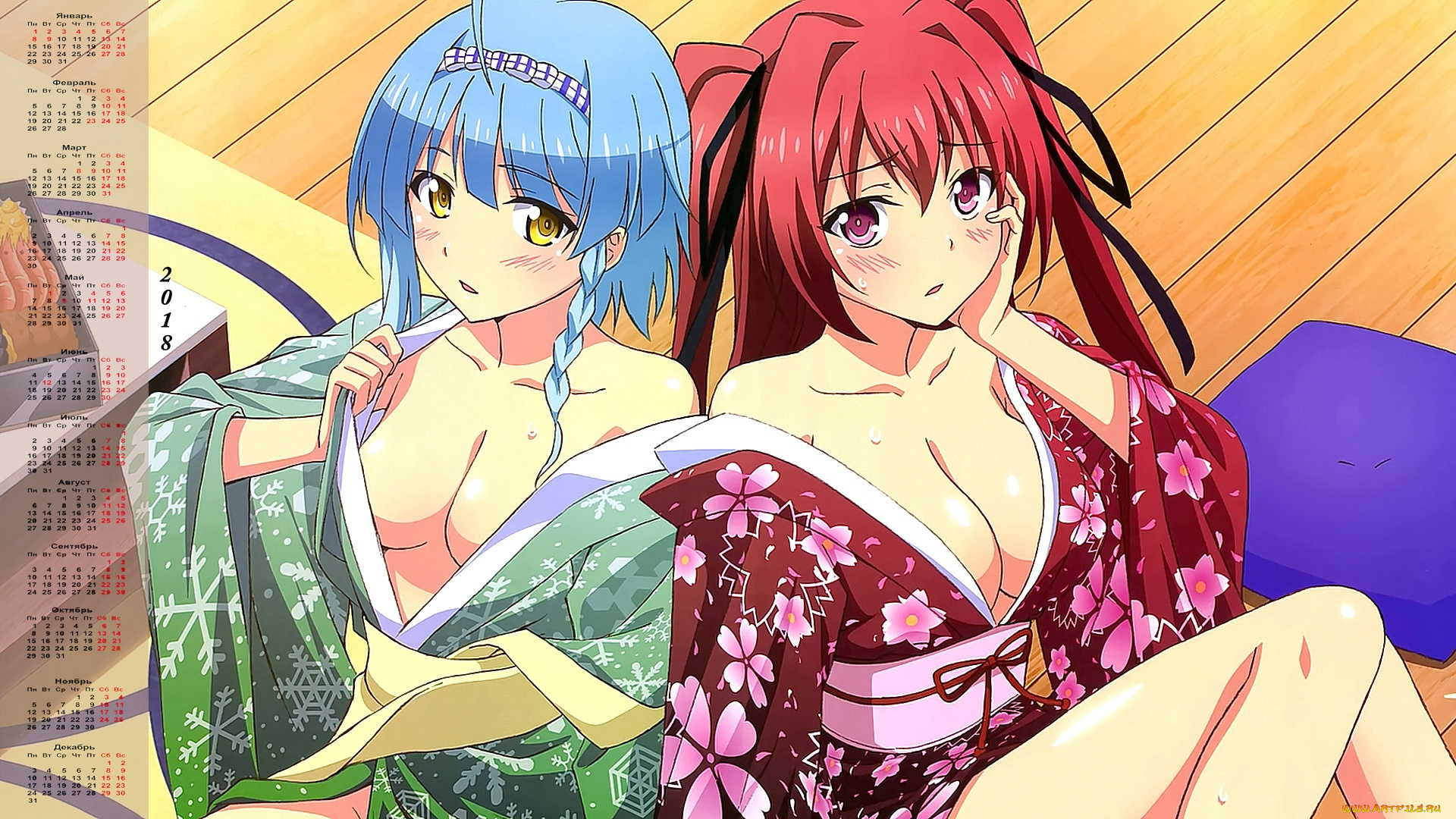 календари, аниме, кимоно, лицо, взгляд, двое, девушка, 2018