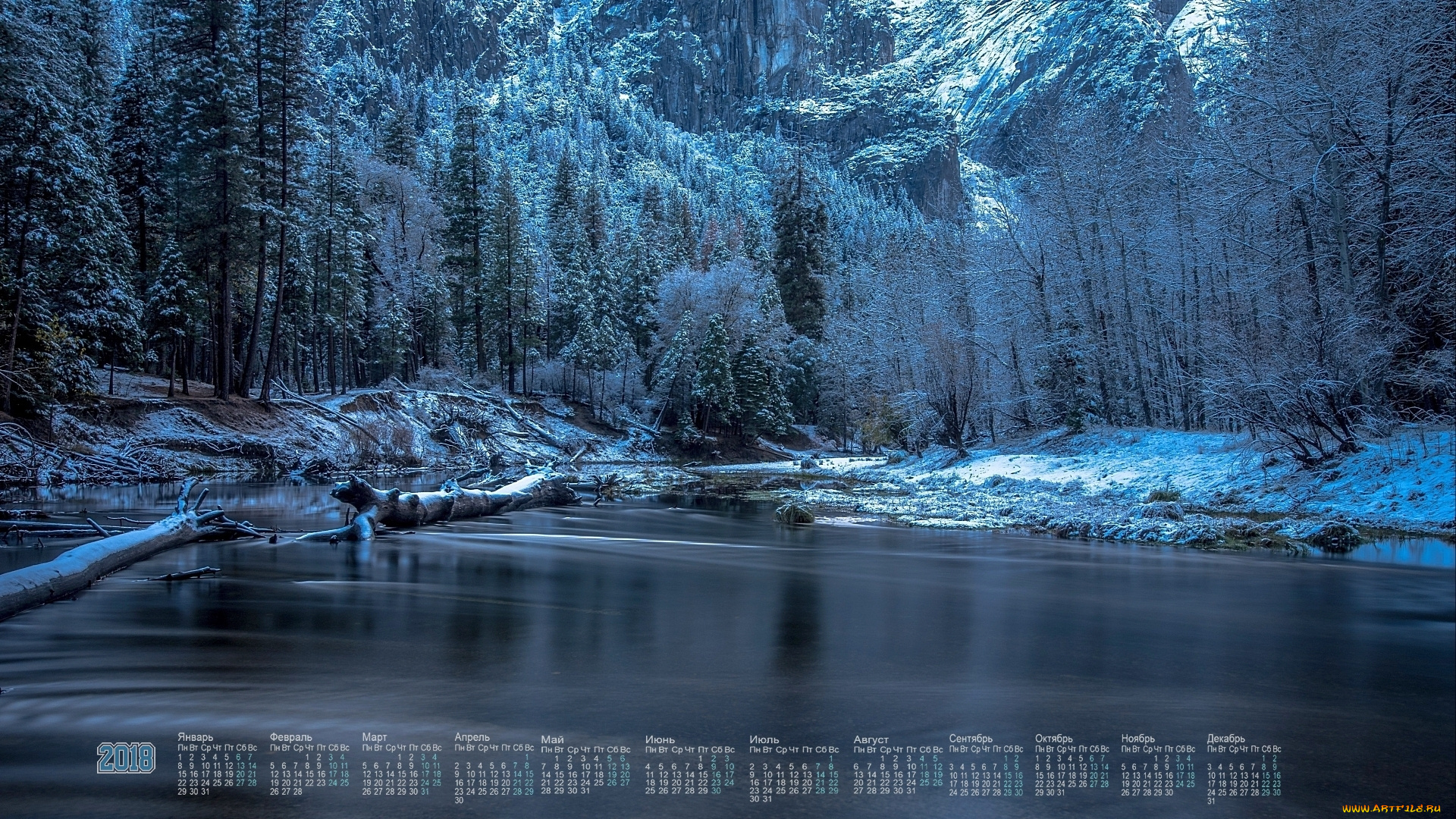 календари, природа, гора, снег, 2018, водоем, деревья