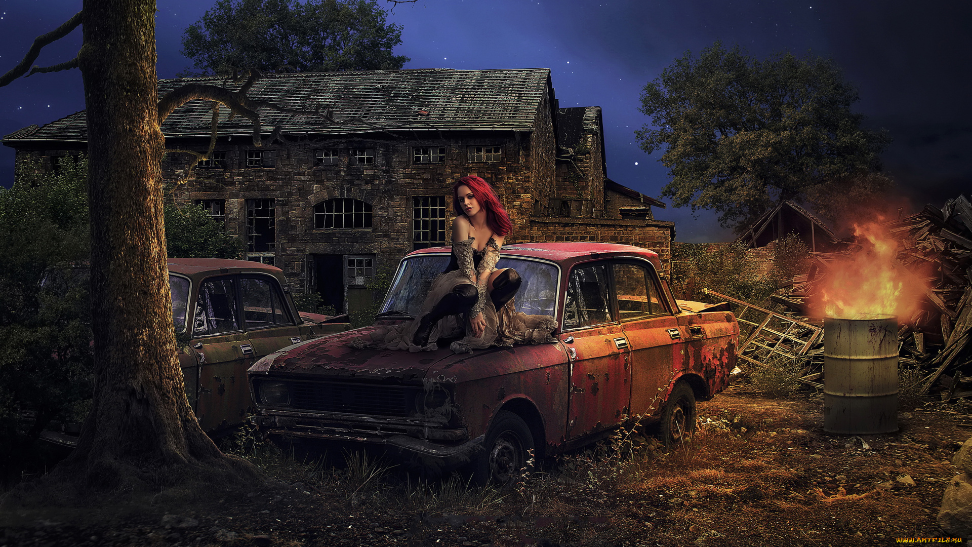 разное, компьютерный, дизайн, девушка, огонь, автомомбиль, бочка, дом, фон