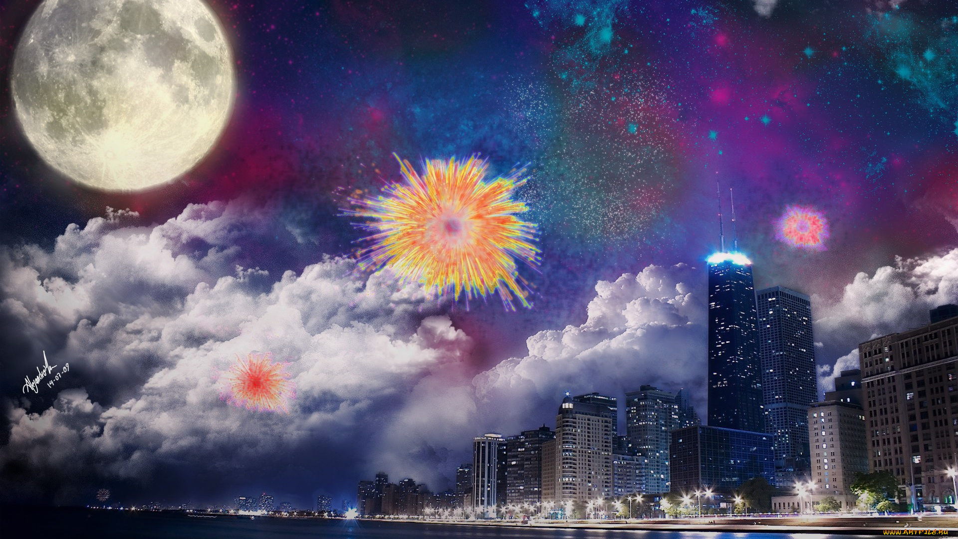 разное, компьютерный, дизайн, луна, тучи, салют, город