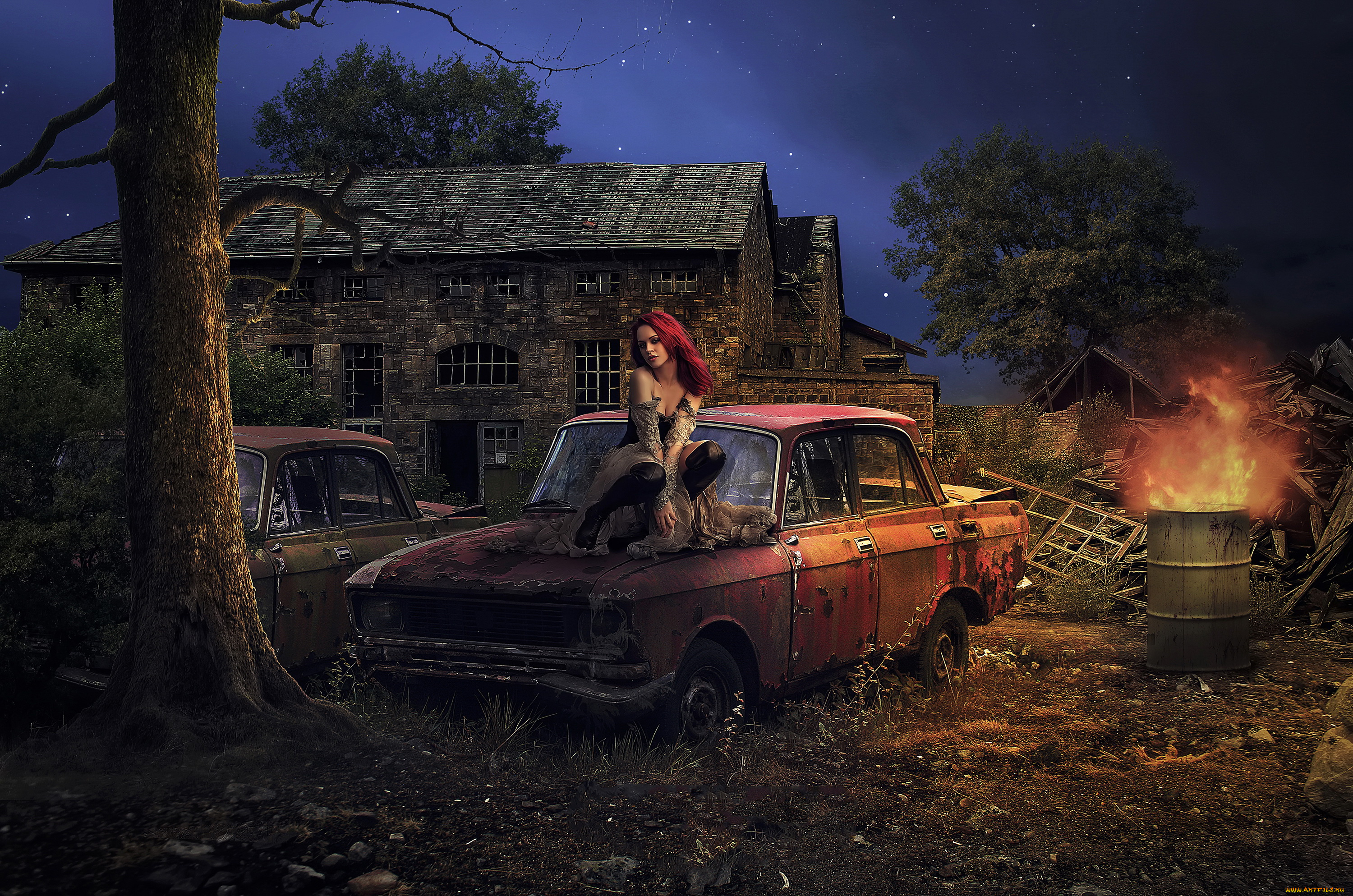 разное, компьютерный, дизайн, девушка, огонь, автомомбиль, бочка, дом, фон
