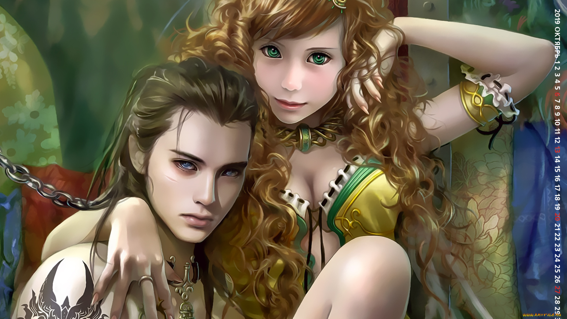 календари, фэнтези, 2019, calendar, объятие, взгляд, парень, рисунок, тату, юноша, девушка