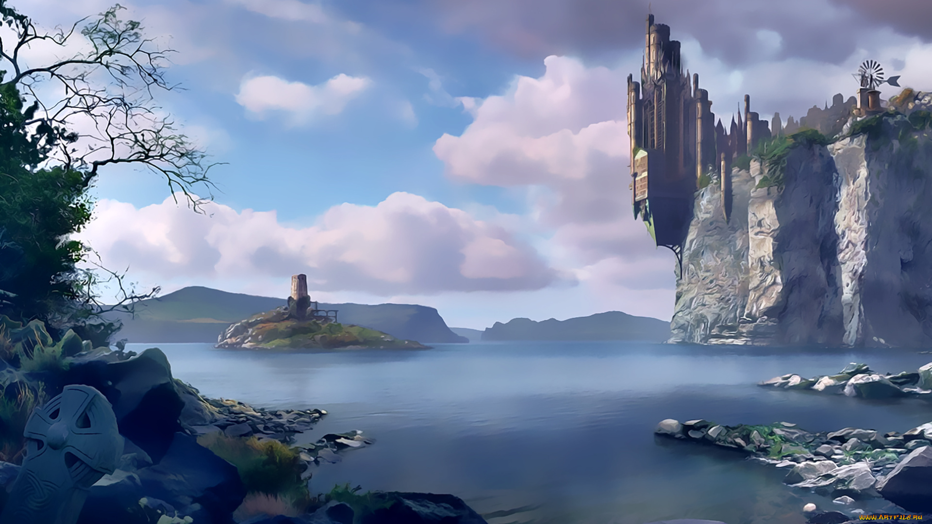 календари, фэнтези, 2019, calendar, вода, строение, небо, облако, водоем