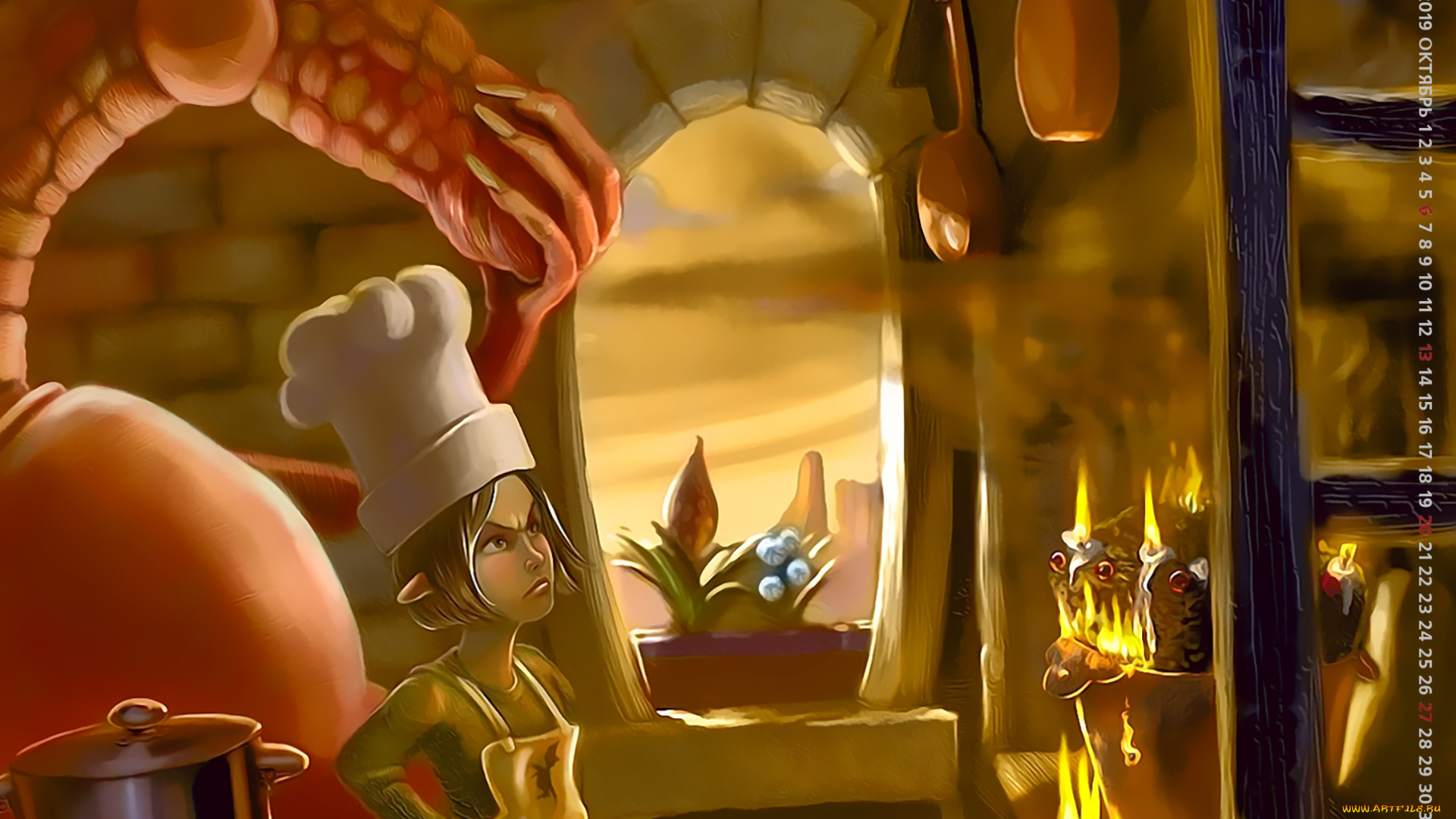 календари, фэнтези, 2019, окно, колпак, эльф, calendar, помещение, дракон