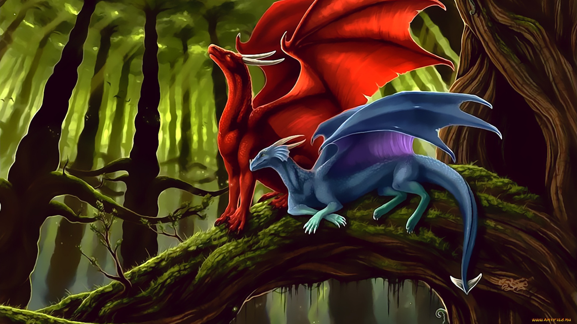 календари, фэнтези, растение, красный, синий, дерево, calendar, 2019, дракон