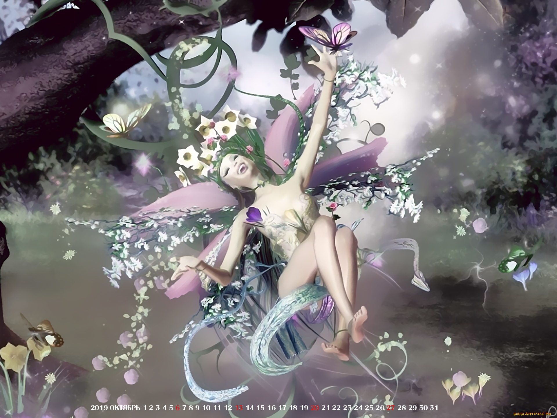 календари, 3д-графика, 2019, calendar, радость, смех, природа, растение, фея, бабочка, цветы, девушка