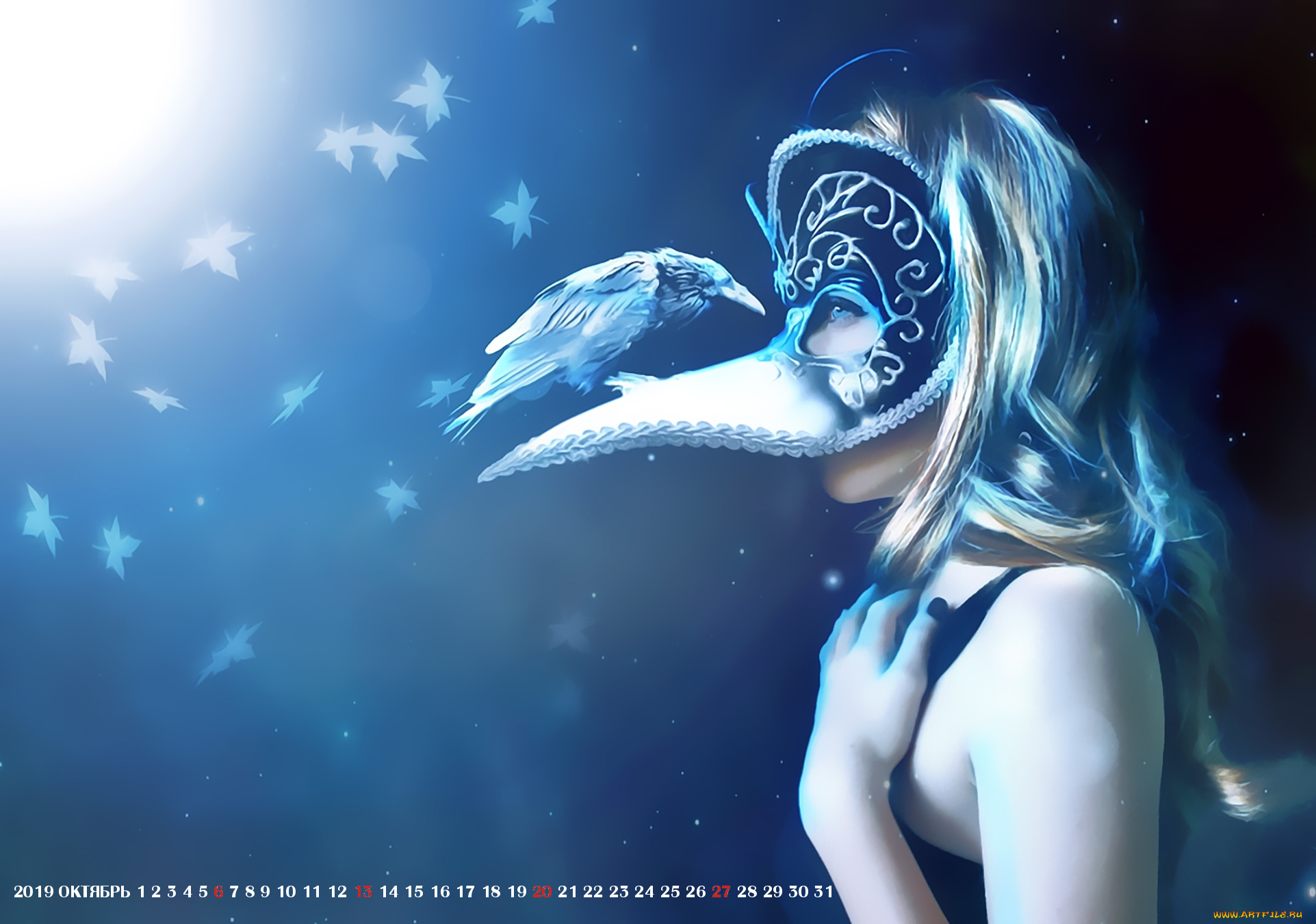 календари, фэнтези, 2019, calendar, женщина, девушка, профиль, фон, листья, птица, маска