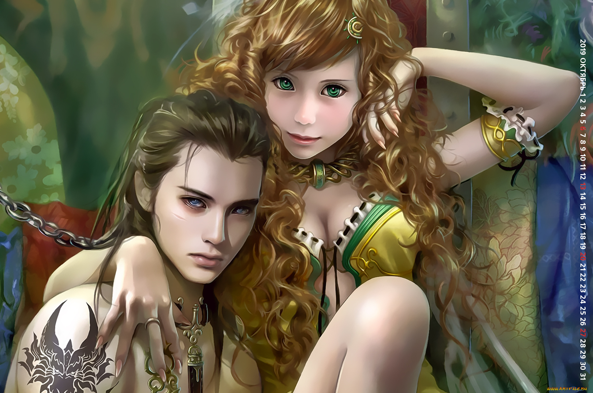 календари, фэнтези, 2019, calendar, объятие, взгляд, парень, рисунок, тату, юноша, девушка