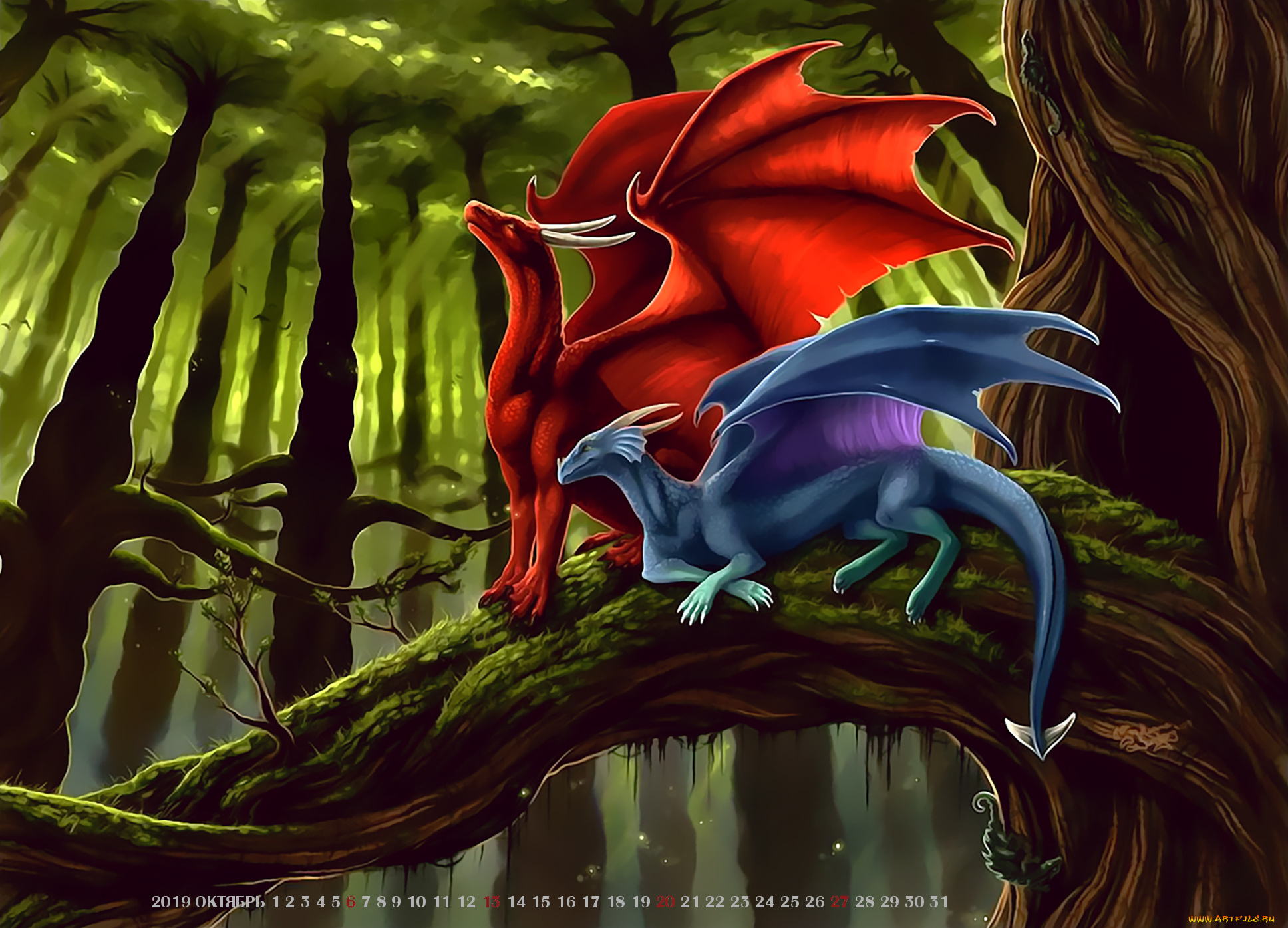 календари, фэнтези, растение, красный, синий, дерево, calendar, 2019, дракон