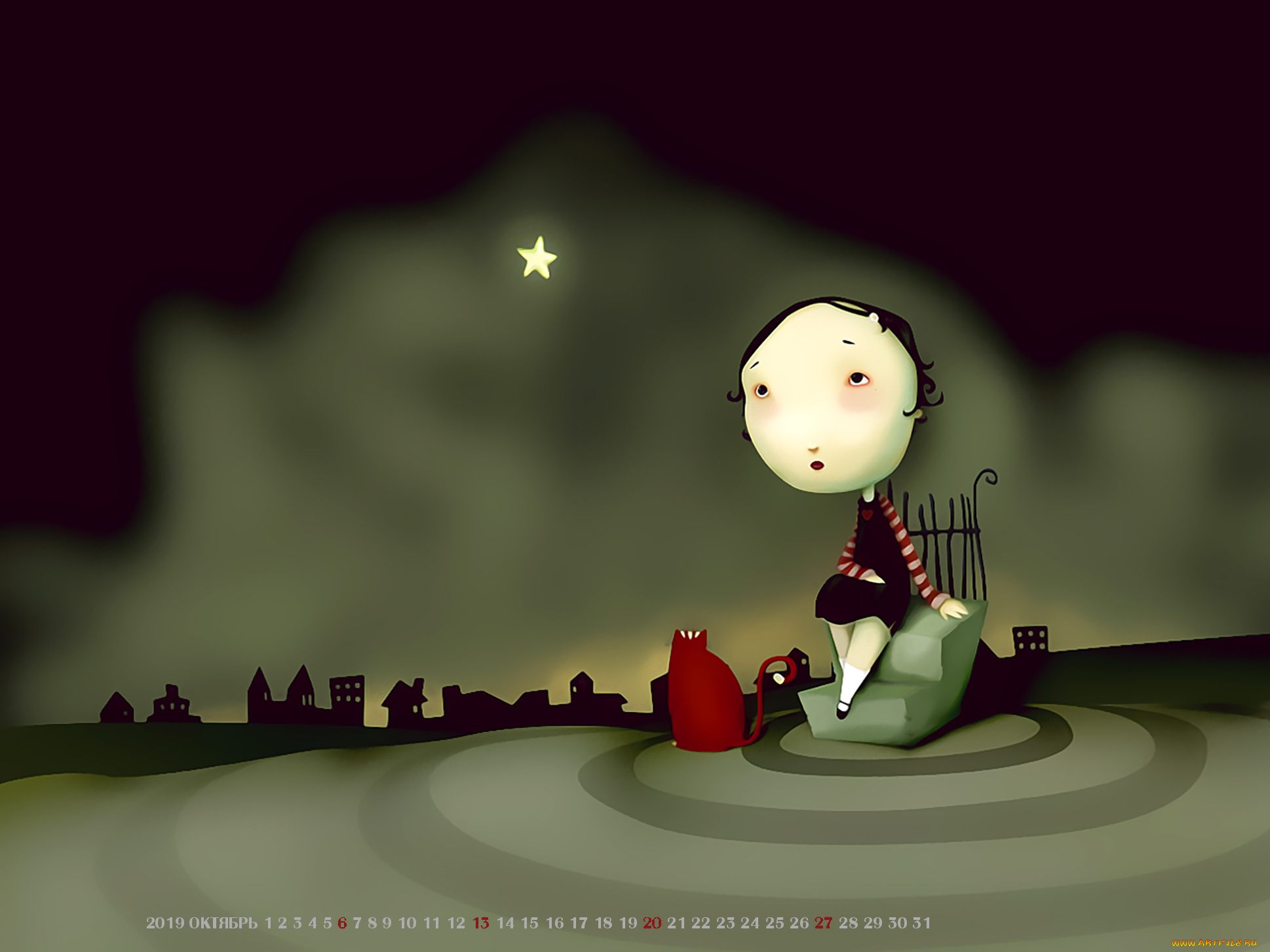 календари, рисованные, , векторная, графика, девочка, 2019, calendar, ступени, здание, ночь, звезда, кошка