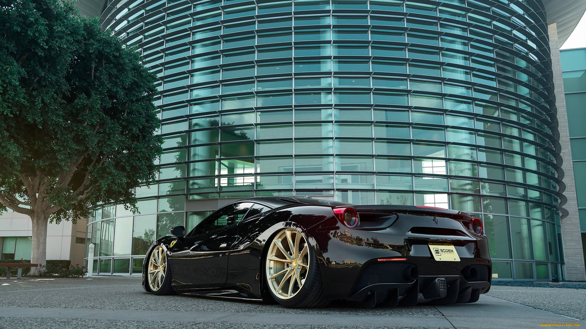 автомобили, ferrari, дерево, здание, black, 488, gtb