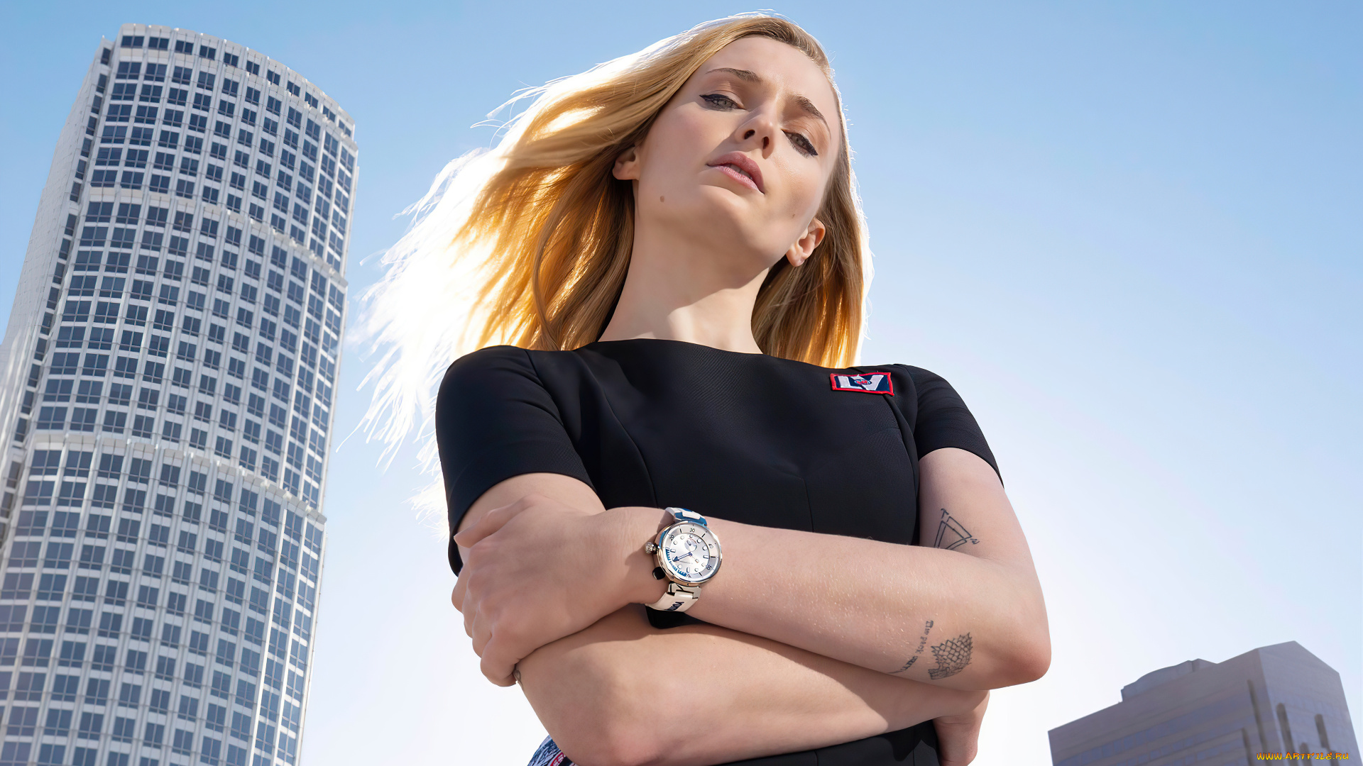 девушки, sophie, turner, актриса, футболка, часы, тату, город, здания