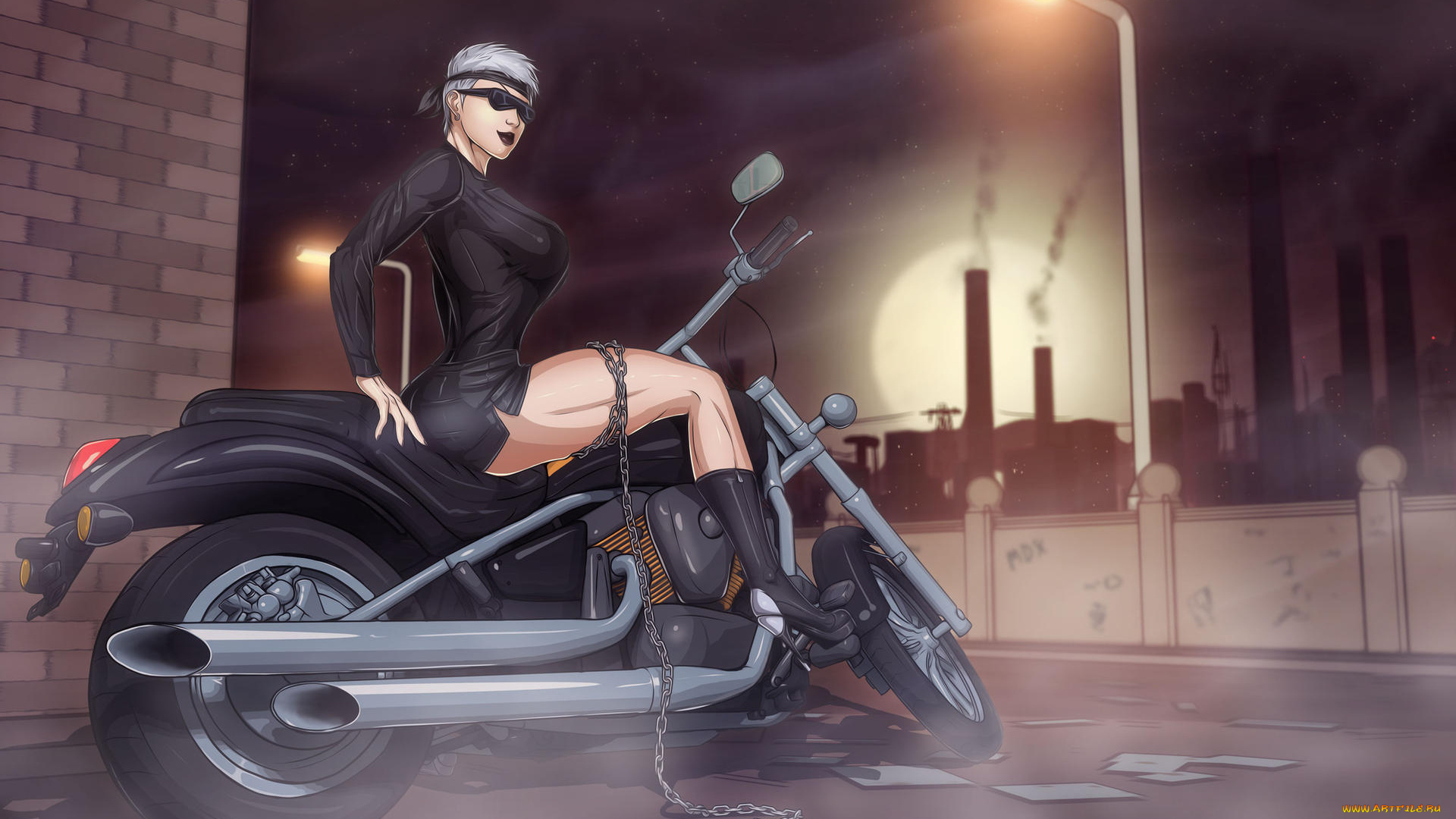 рисованное, люди, девушка, фон, очки, платье, цепь, байк