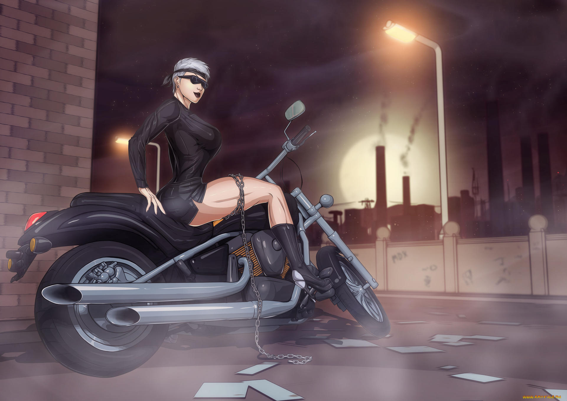 рисованное, люди, девушка, фон, очки, платье, цепь, байк
