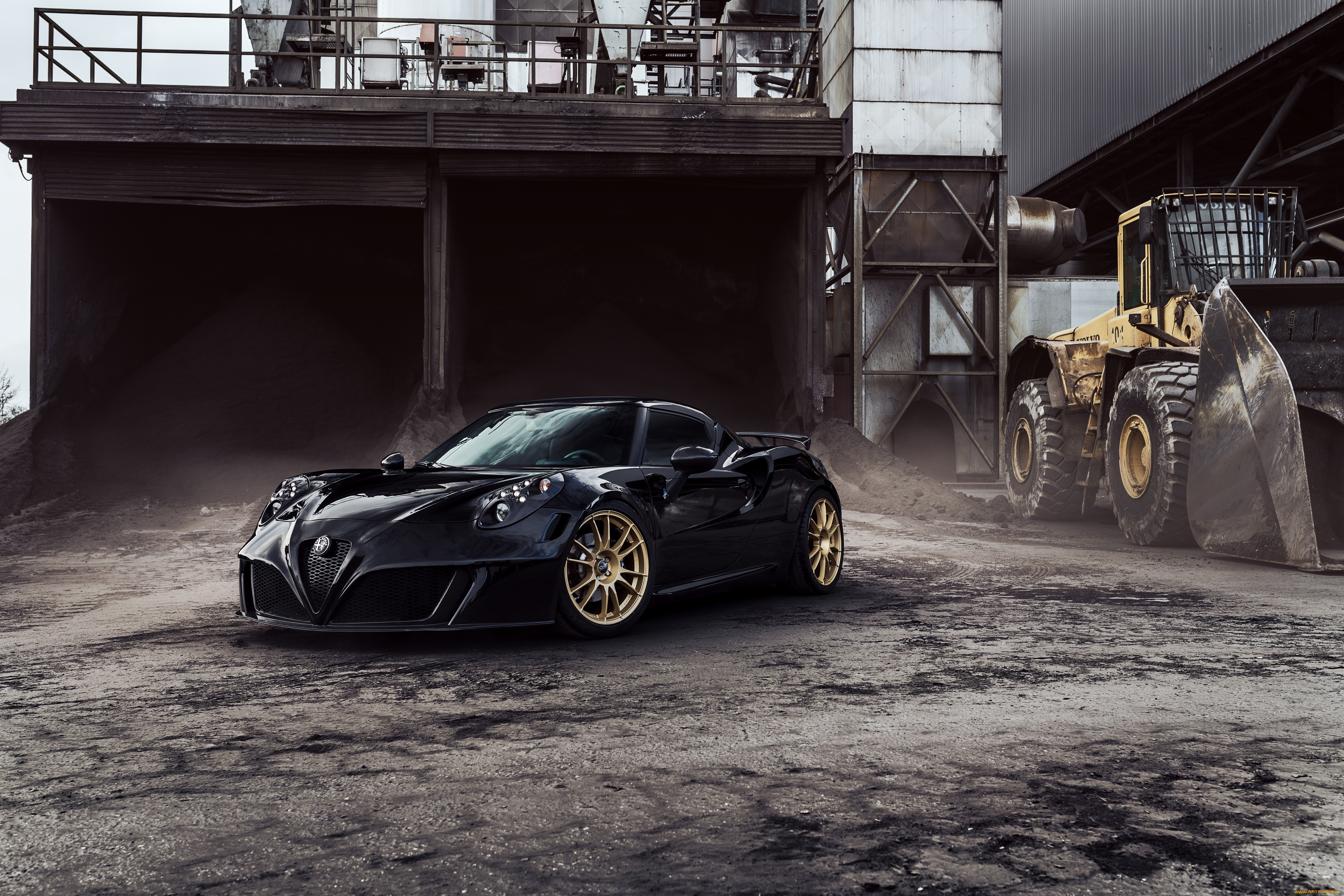 автомобили, alfa, romeo, alfa, romeo, black, 4c, pogea, racing, gold, rims, wheels