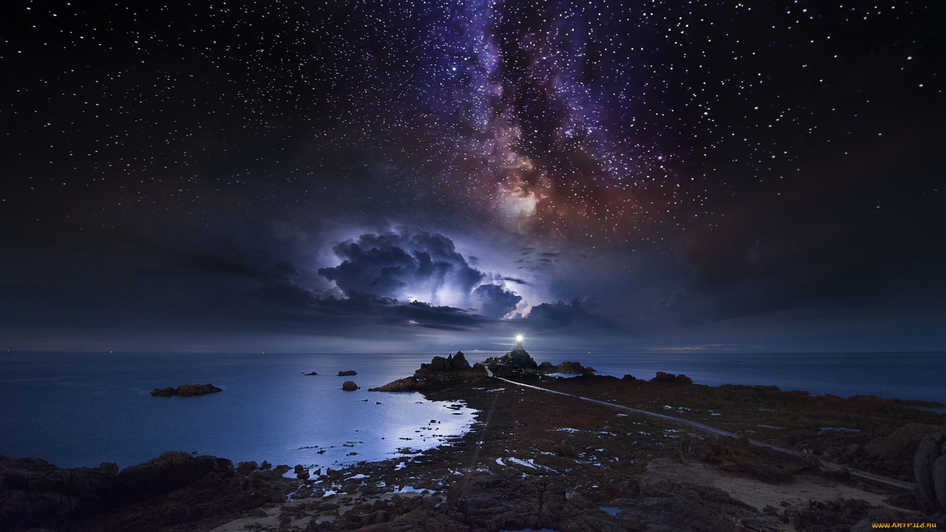 природа, маяки, небо, звезды, облака, маяк, берег, море