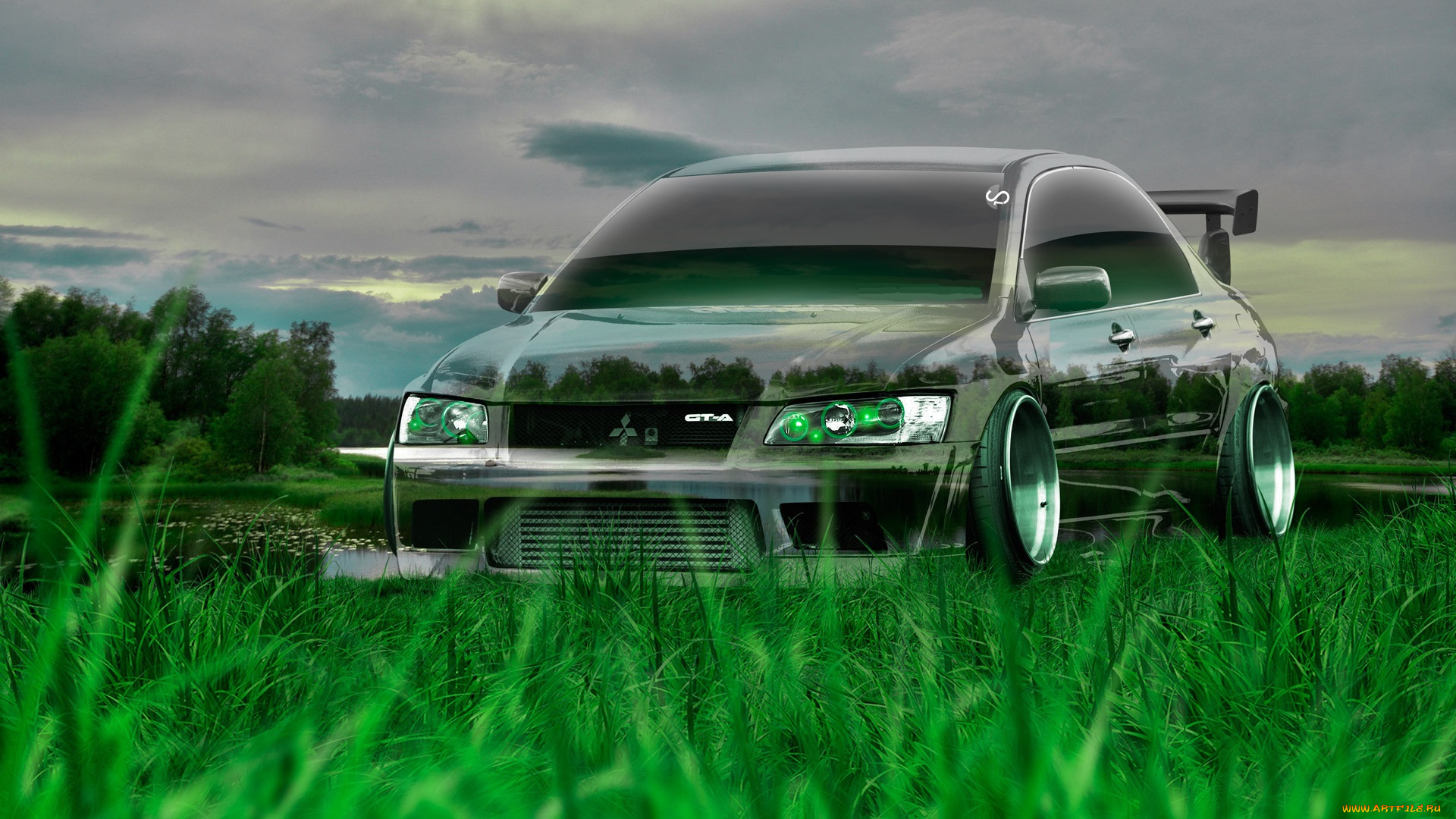 разное, компьютерный, дизайн, mitsubishi, lancer, evolution, трава, озеро