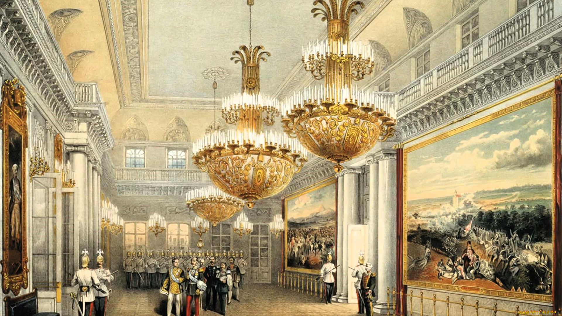 фельдмаршальский, зал, , литография, василия, семёновича, садовникова, рисованное, василий, садовников, зал, дворец, люди, картины, люстры