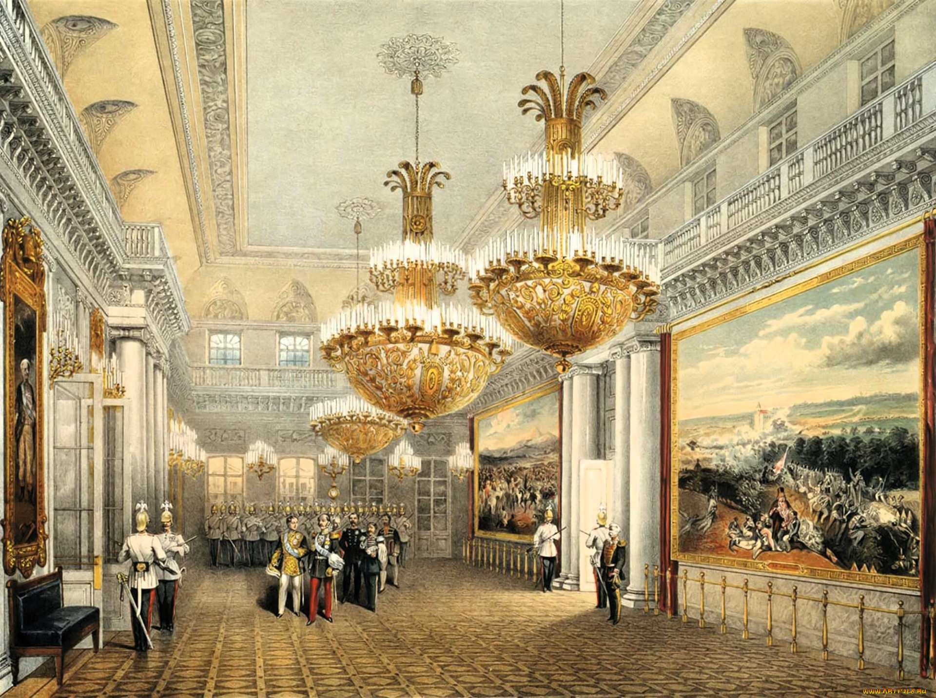 фельдмаршальский, зал, , литография, василия, семёновича, садовникова, рисованное, василий, садовников, зал, дворец, люди, картины, люстры