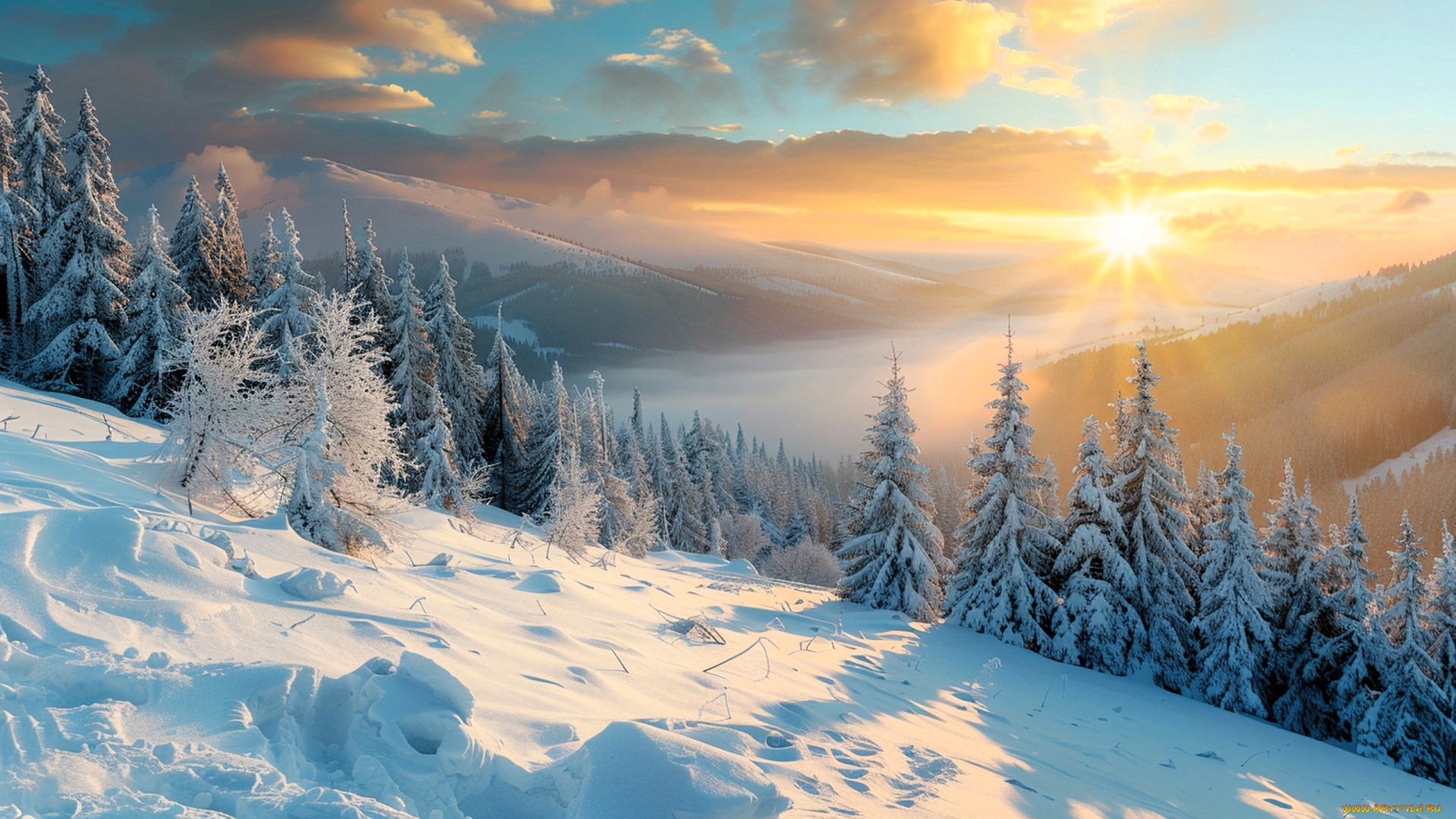 3д, графика, природа, , nature, зима, снег, горы, лес, облака