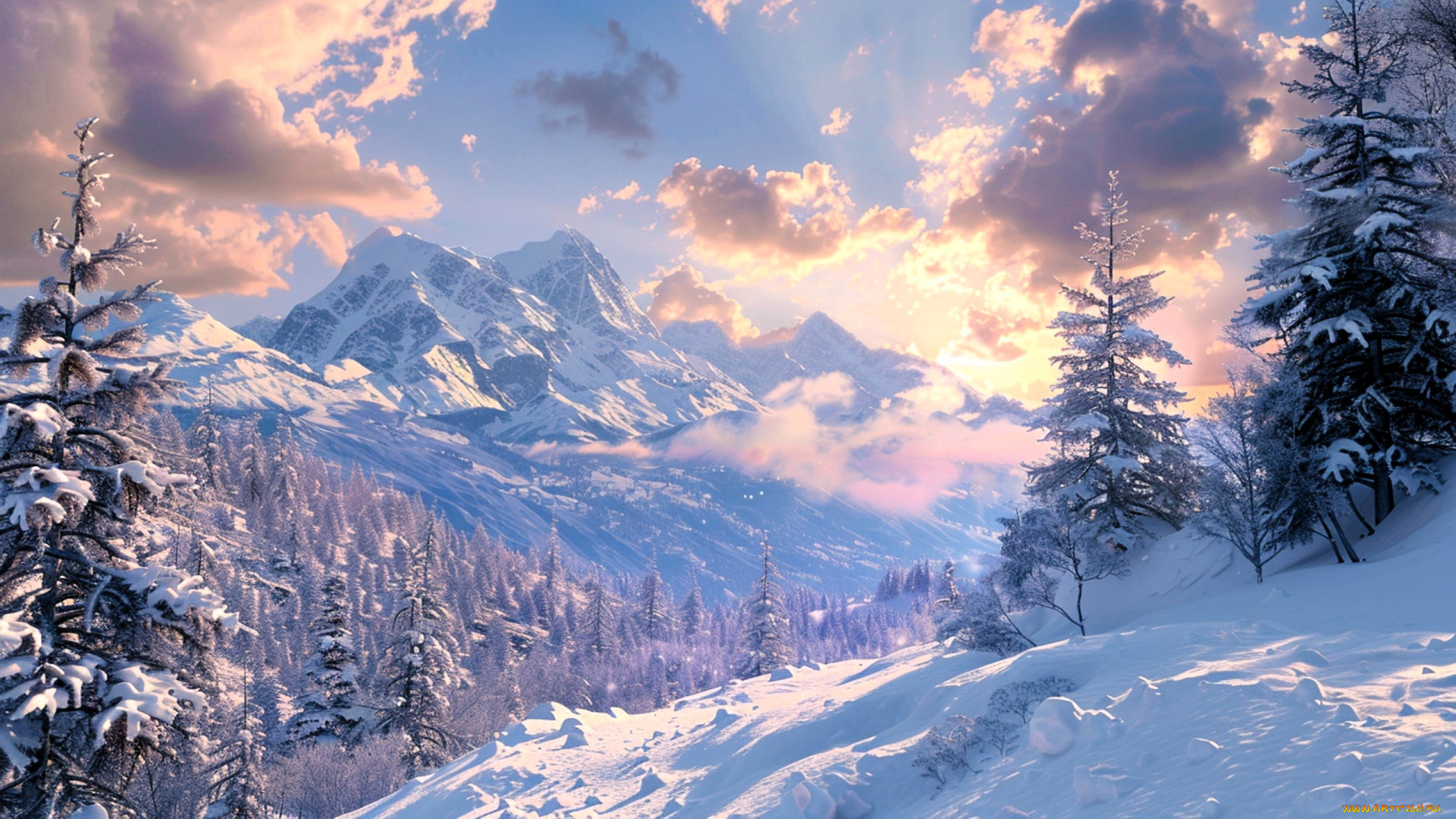 3д, графика, природа, , nature, зима, снег, горы, лес, облака