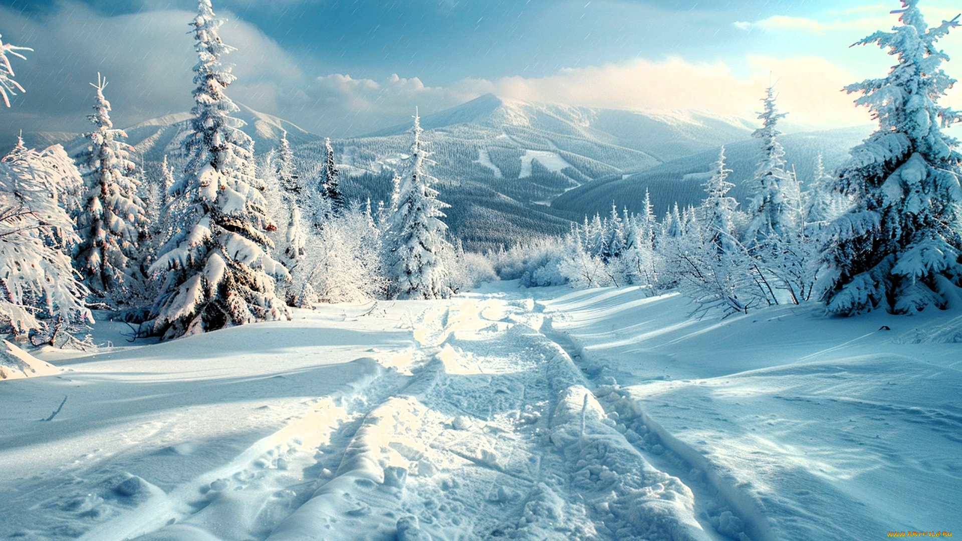 3д, графика, природа, , nature, зима, снег, следы, деревья, горы, лес