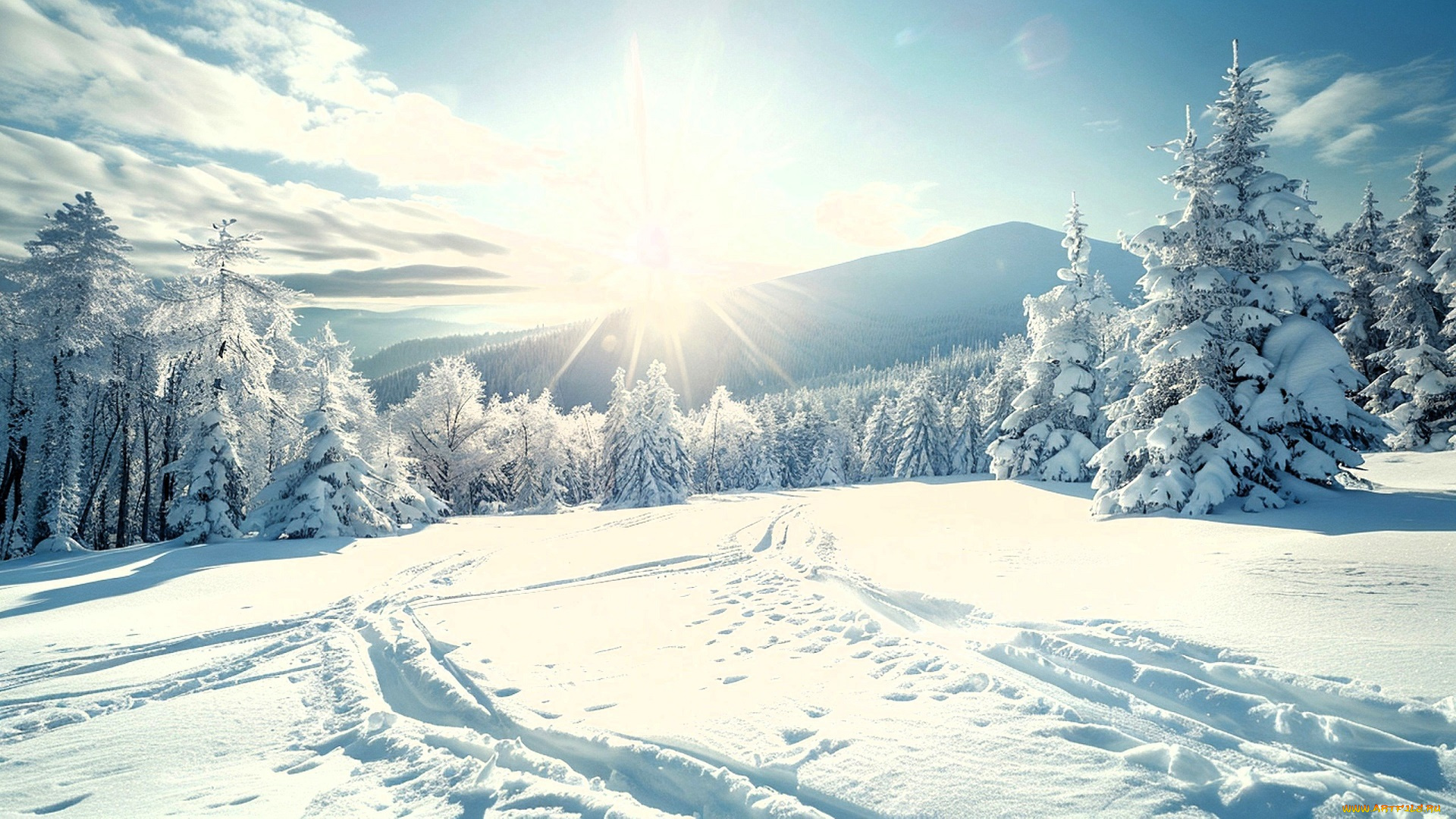 3д, графика, природа, , nature, зима, снег, следы, горы, деревья, лес