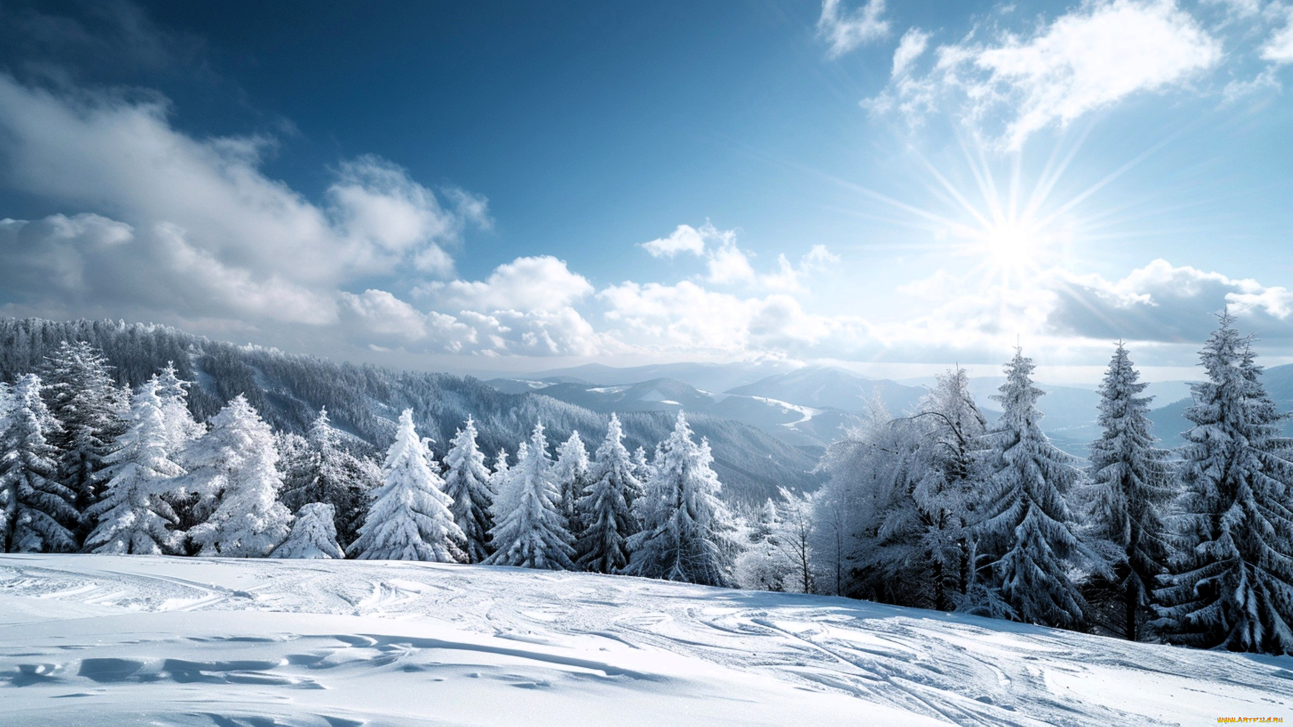 3д, графика, природа, , nature, зима, снег, горы, лес, облака