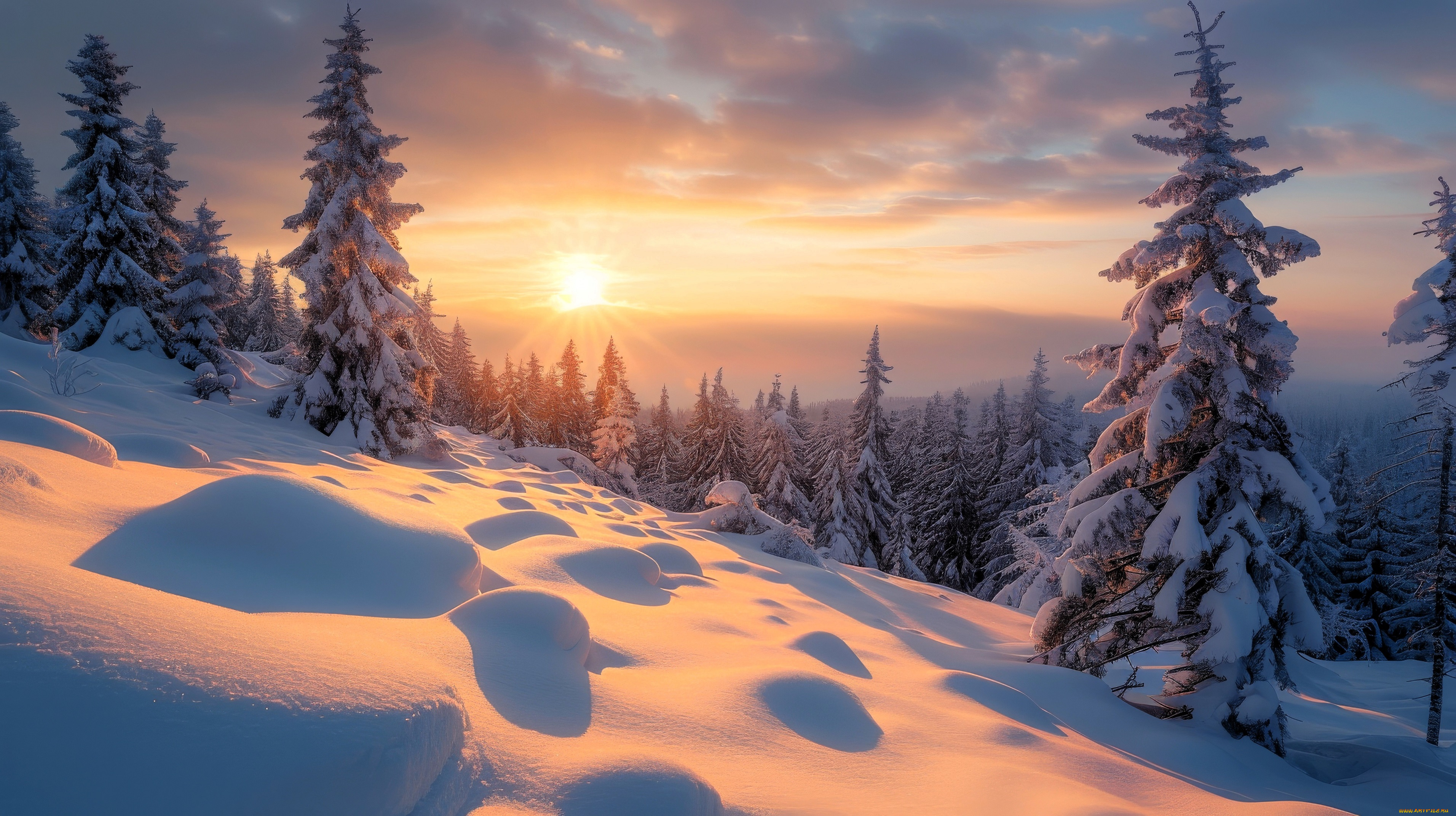 3д, графика, природа, , nature, лес, деревья, снег, закат, горы, склон