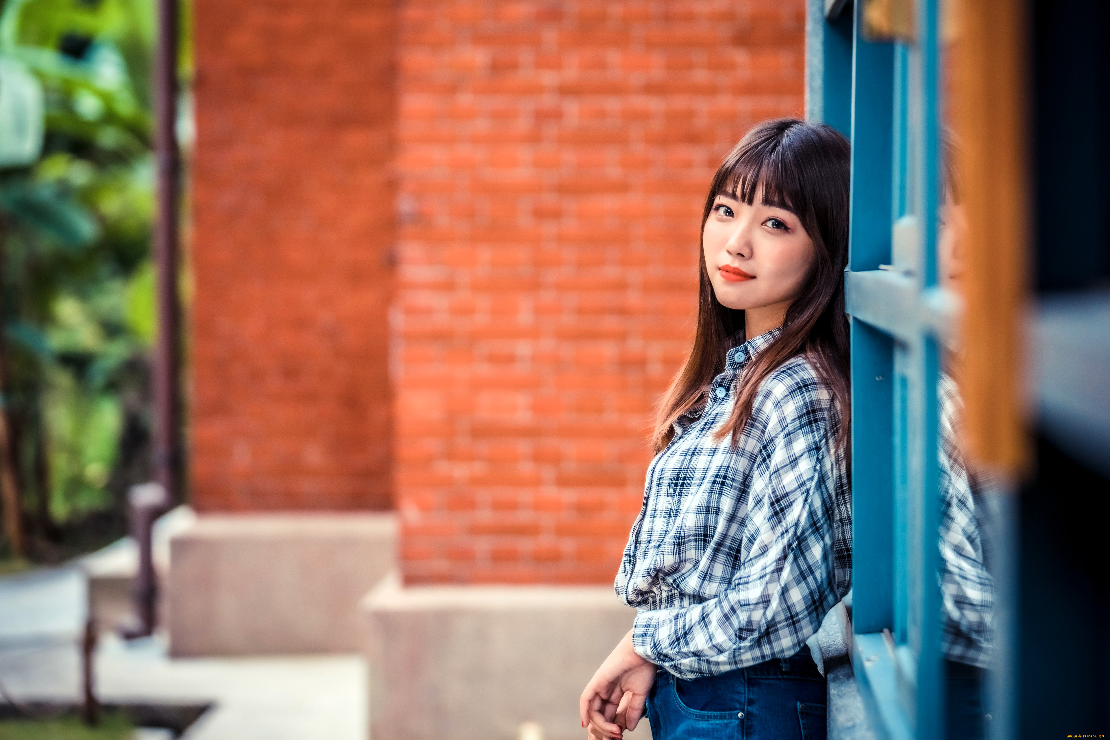 девушки, -, азиатки, шатенка, рубашка, джинсы, стена