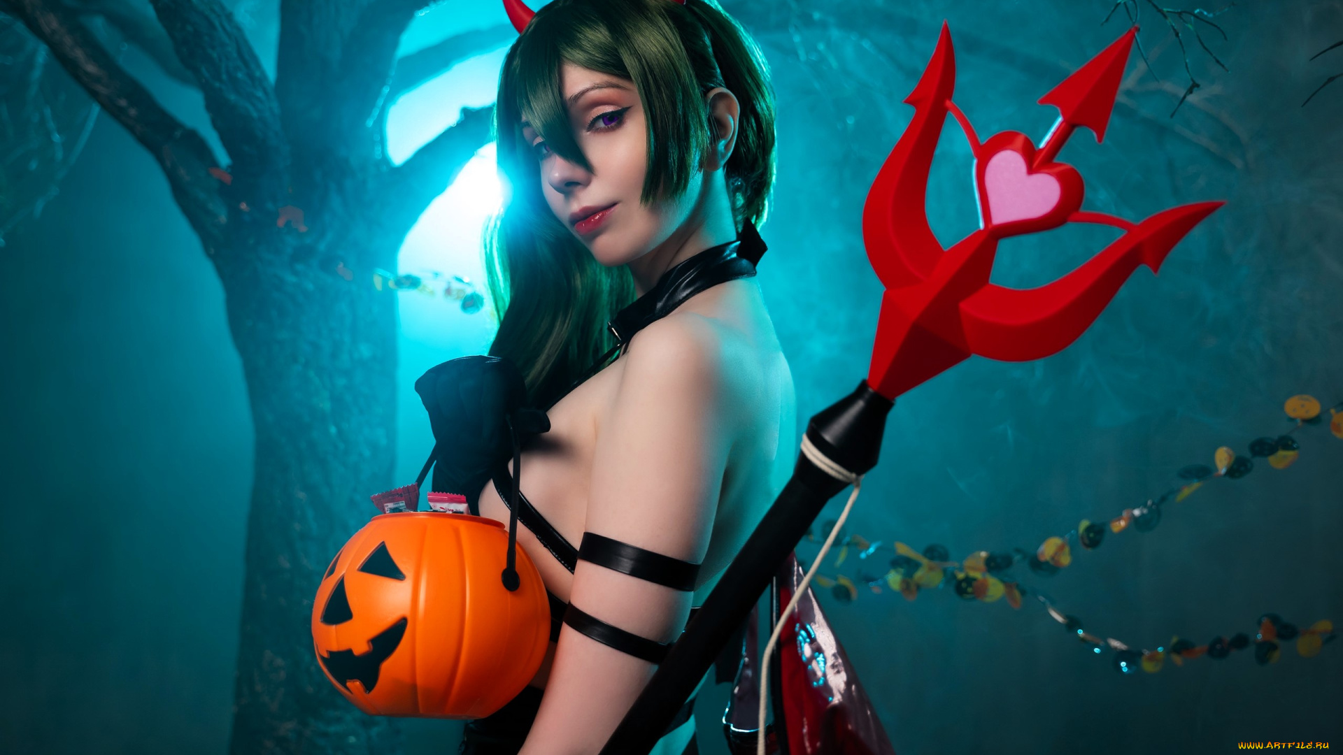 девушки, victoria, lirell, образ, косплей, наряд, костюм, рожки, тыква, трезубец