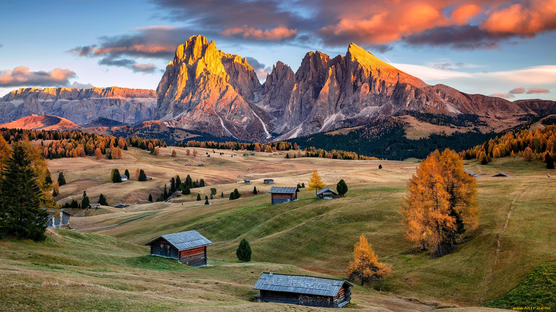 города, -, здания, , дома, италия, дома, долина, деревья, горы, закат, небо