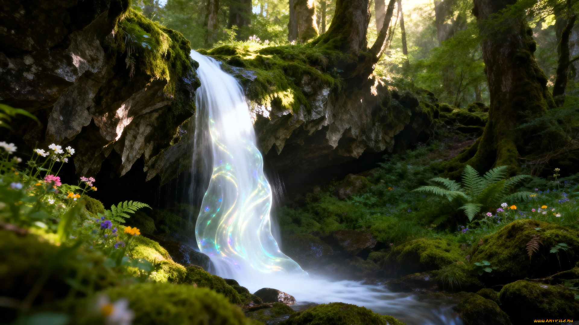 разное, компьютерный, дизайн, лес, мох, овраг, водопад, цветы