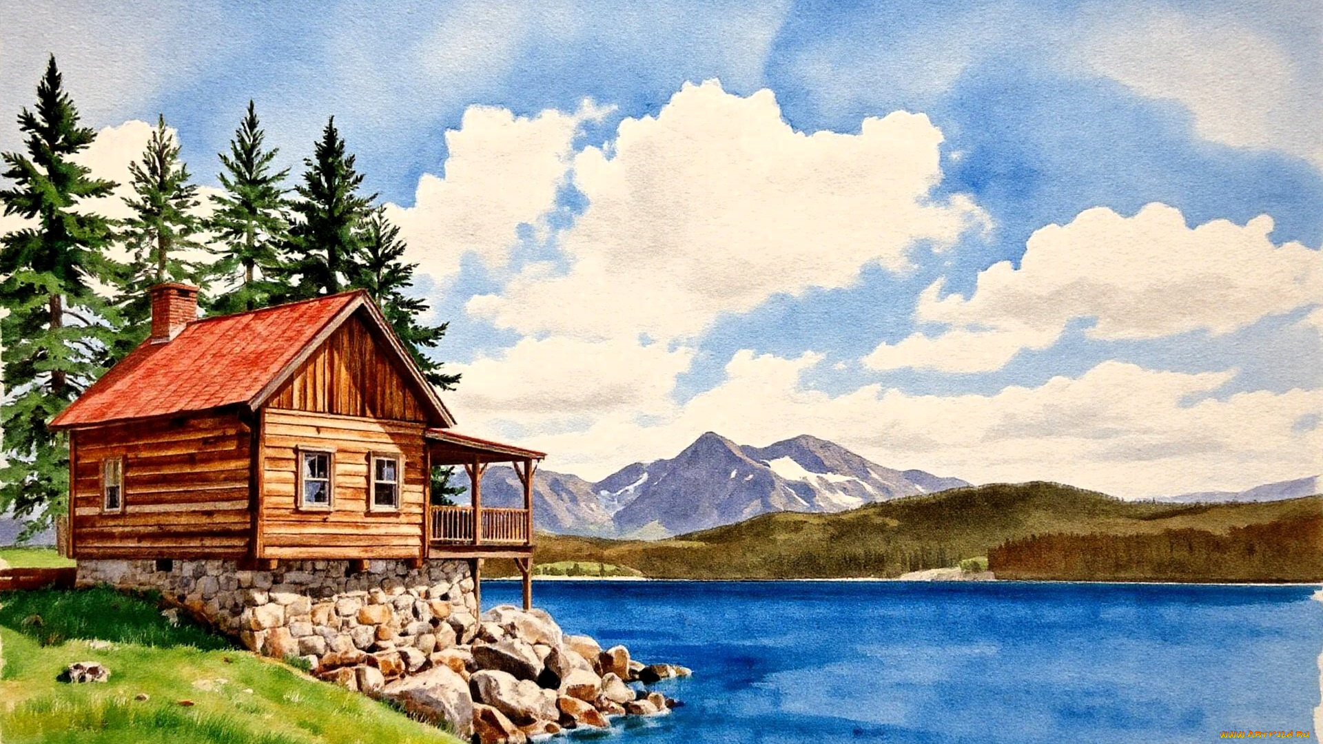 рисованное, города, дом, деревья, берег, камни, озеро, горы