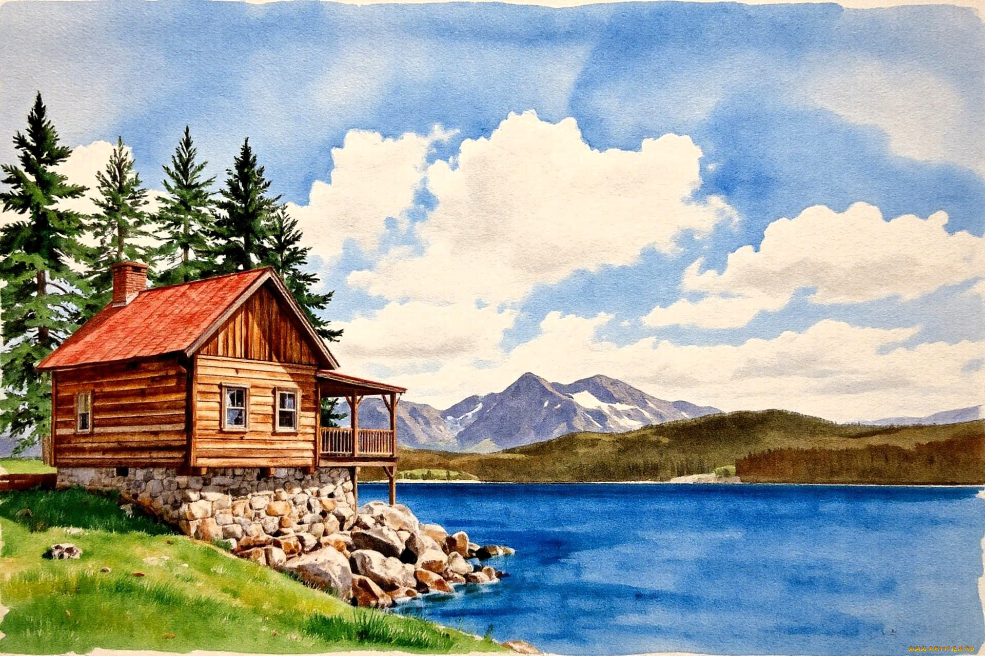 рисованное, города, дом, деревья, берег, камни, озеро, горы