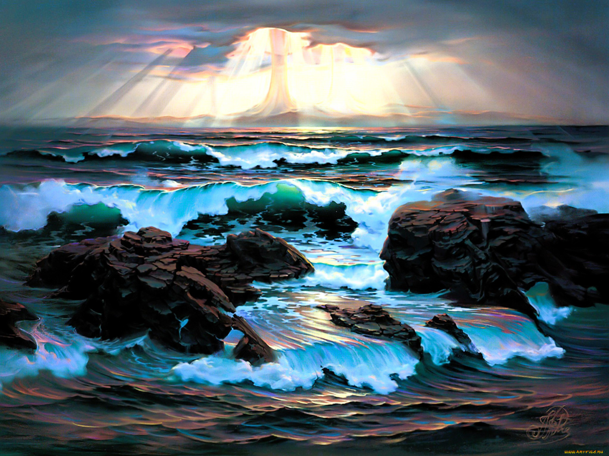 john, pitre, рисованное, живопись, тучи, лучи, море, камни, берег